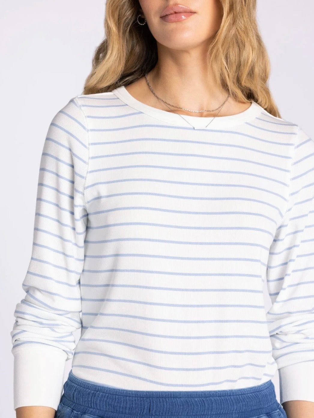 The Stacy Ribbed Top Ivory Blue Stripe