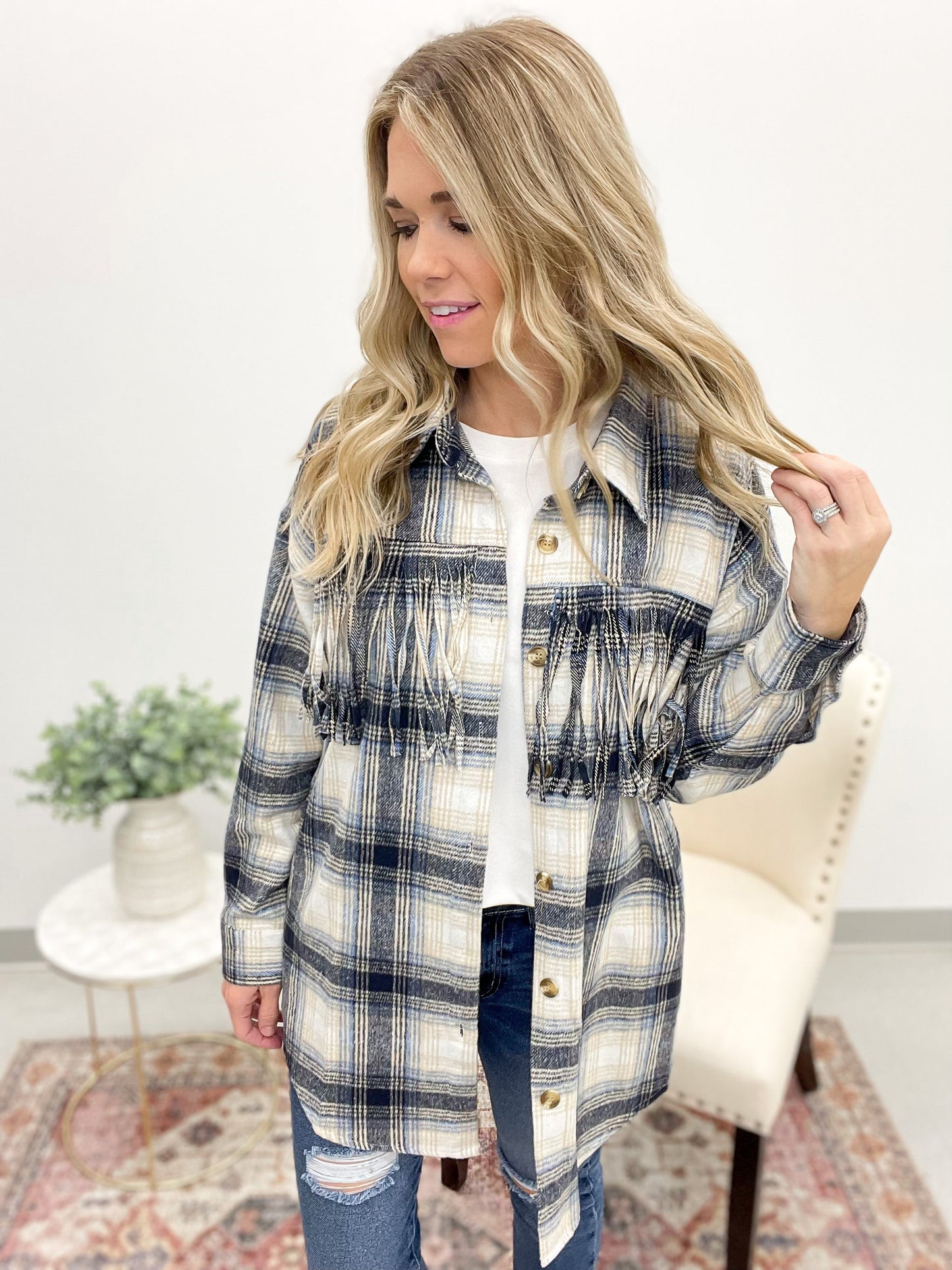 So Happens Flannel Button Down Fringe Shirt Jacket 2X, 3X