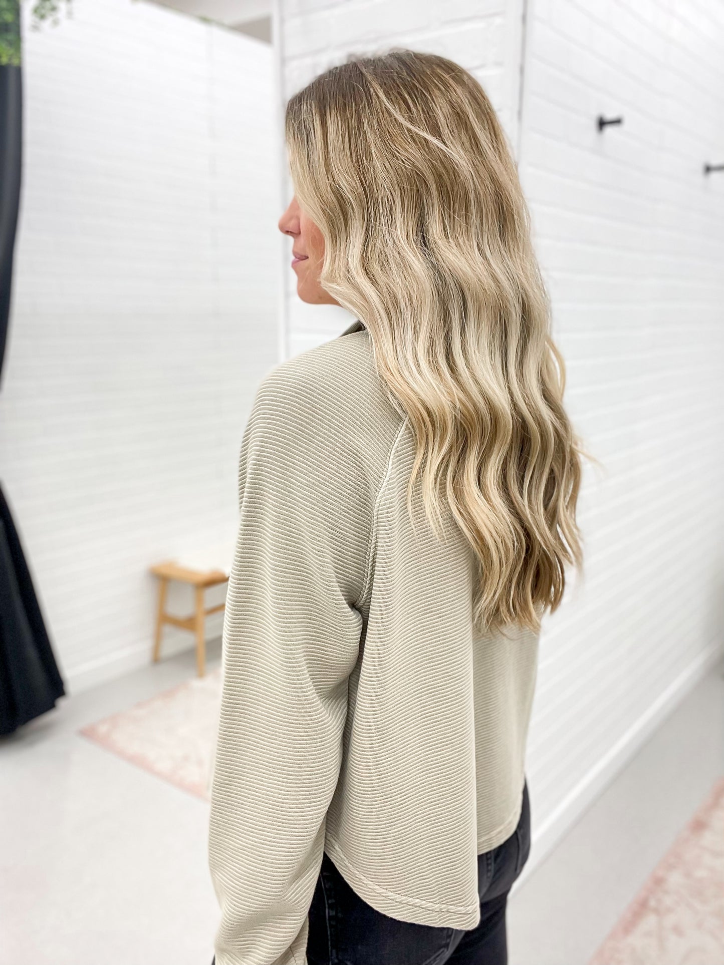 Lucky Us Half Snap Button Ribbed Long Sleeve Top Light Taupe