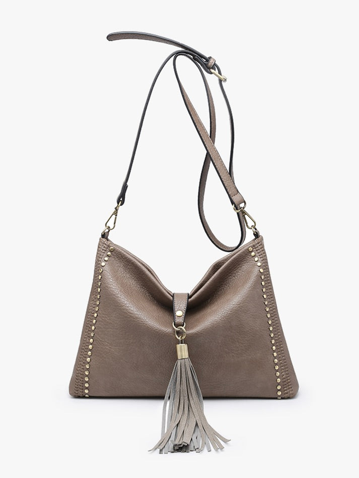 The Marie Crossbody With Grommet Detail and Tassel Taupe
