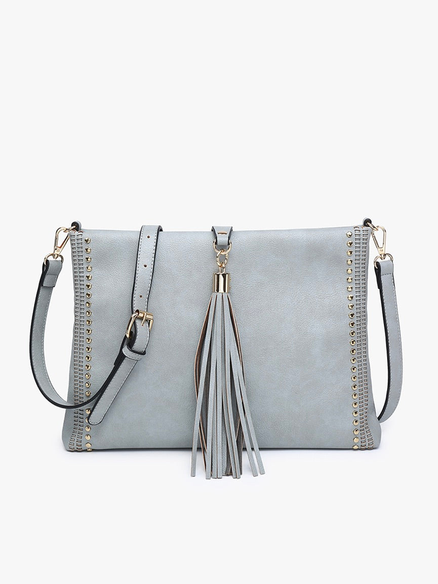 The Marie Crossbody With Grommet Detail and Tassel Gray-Blue