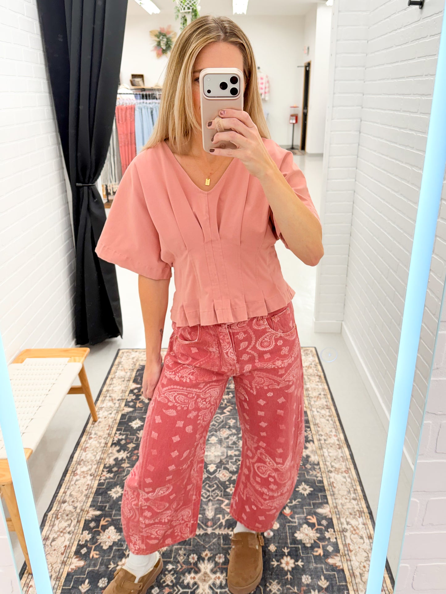 Back Again Washed V-Neck Pleat Detail Top Dusty Rose