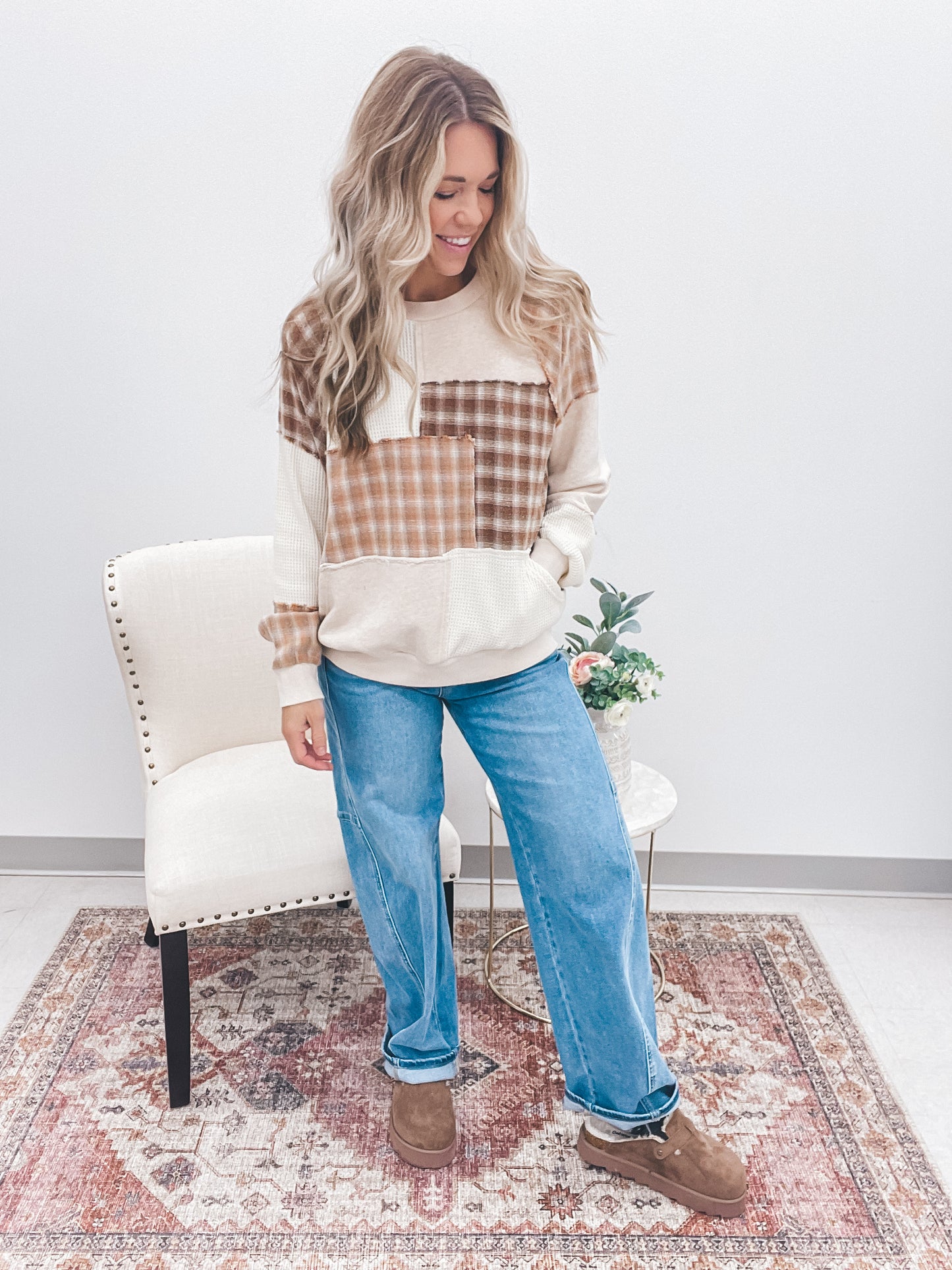 Stay Together Patchwork Mineral Wash Pullover Oatmeal