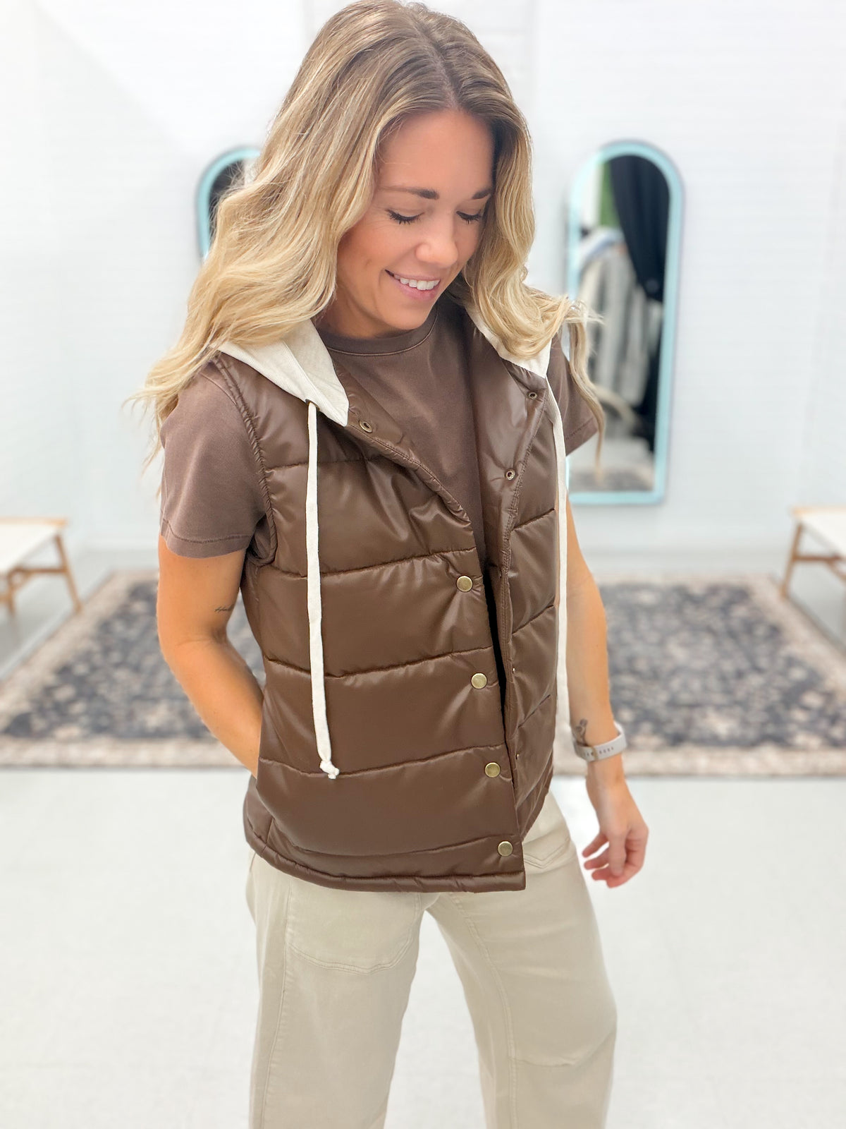 Nowhere Fast Faux Leather Hooded Puffer Vest Brown