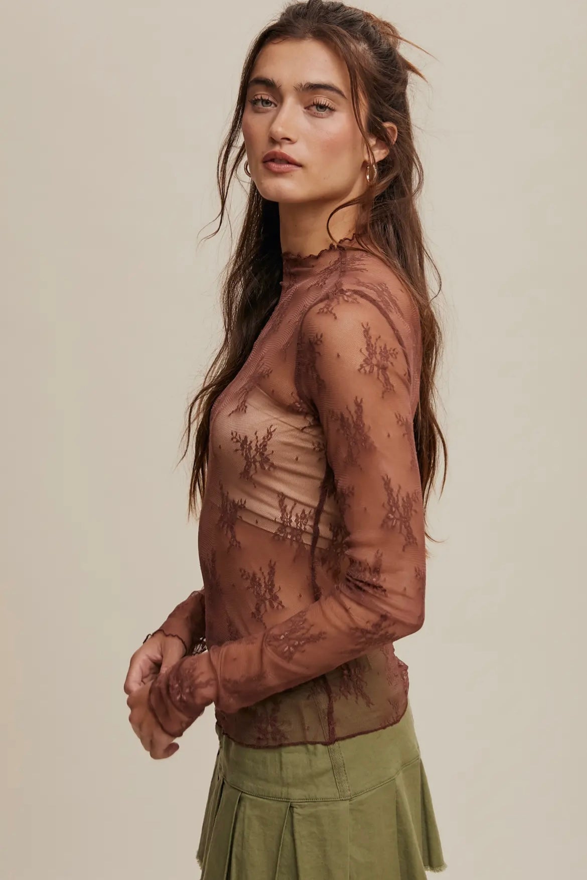 Living Lux Mesh Layering Lace Top Red Bean