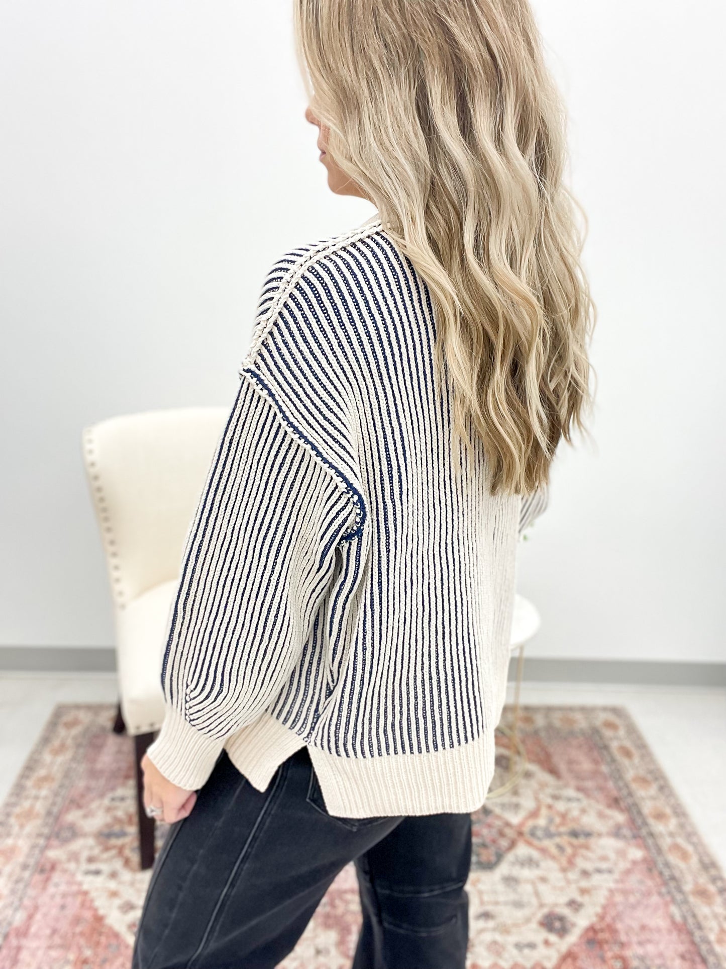She Will Two-Tone Chenille Crewneck Sweater Navy
