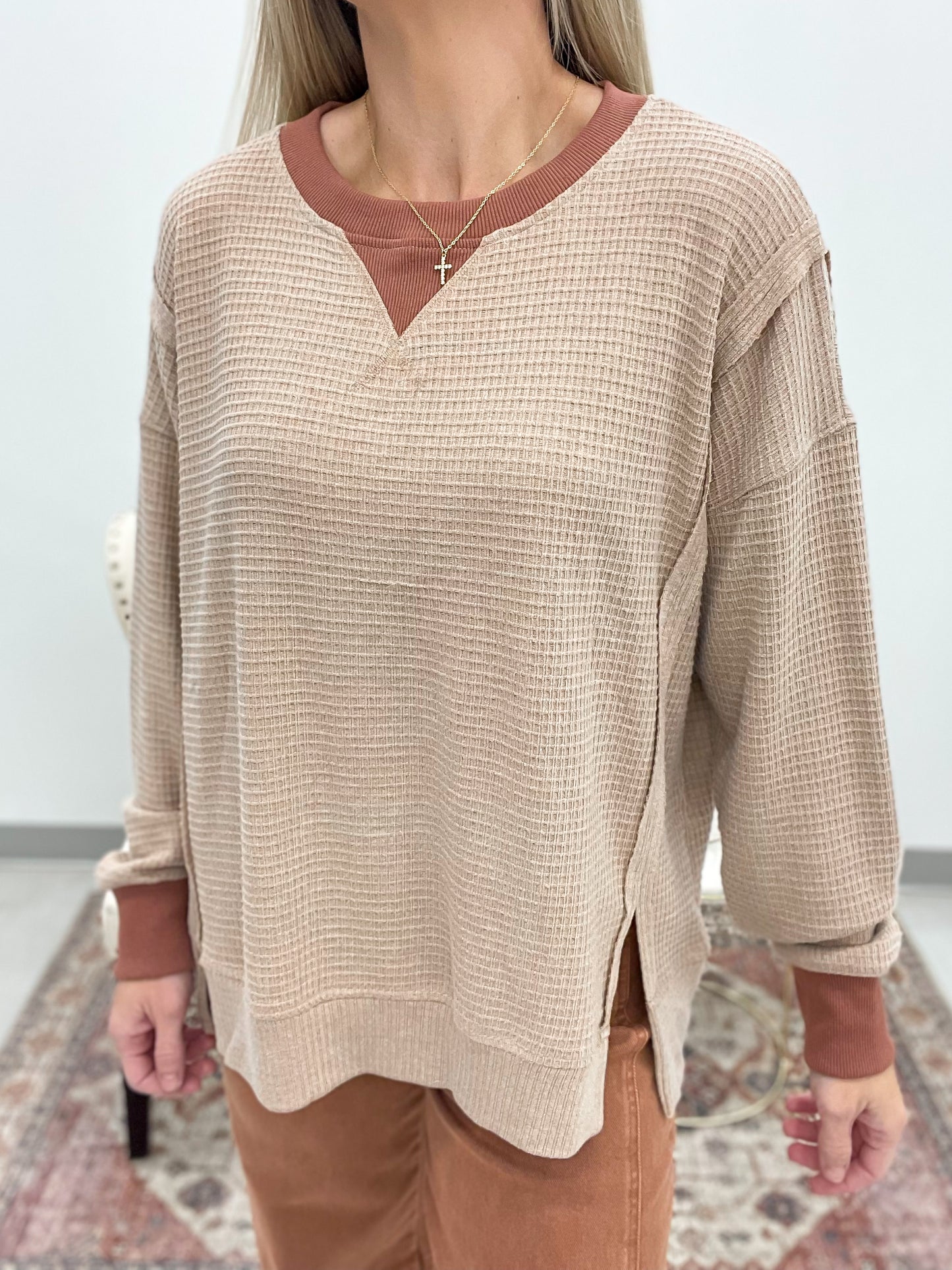 All That Time Brushed Thermal Knit Pullover Rust