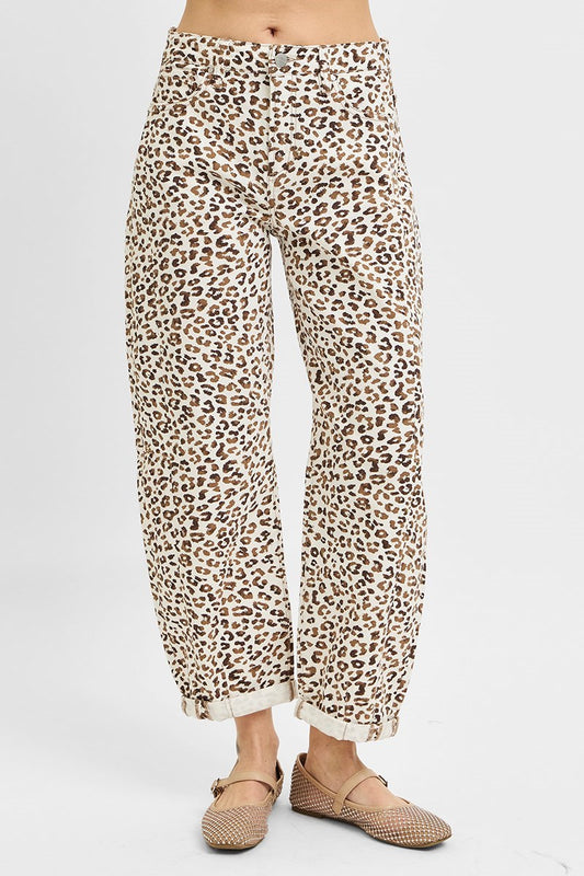 Risen High Rise Leopard Crop Barrel Jeans Cream