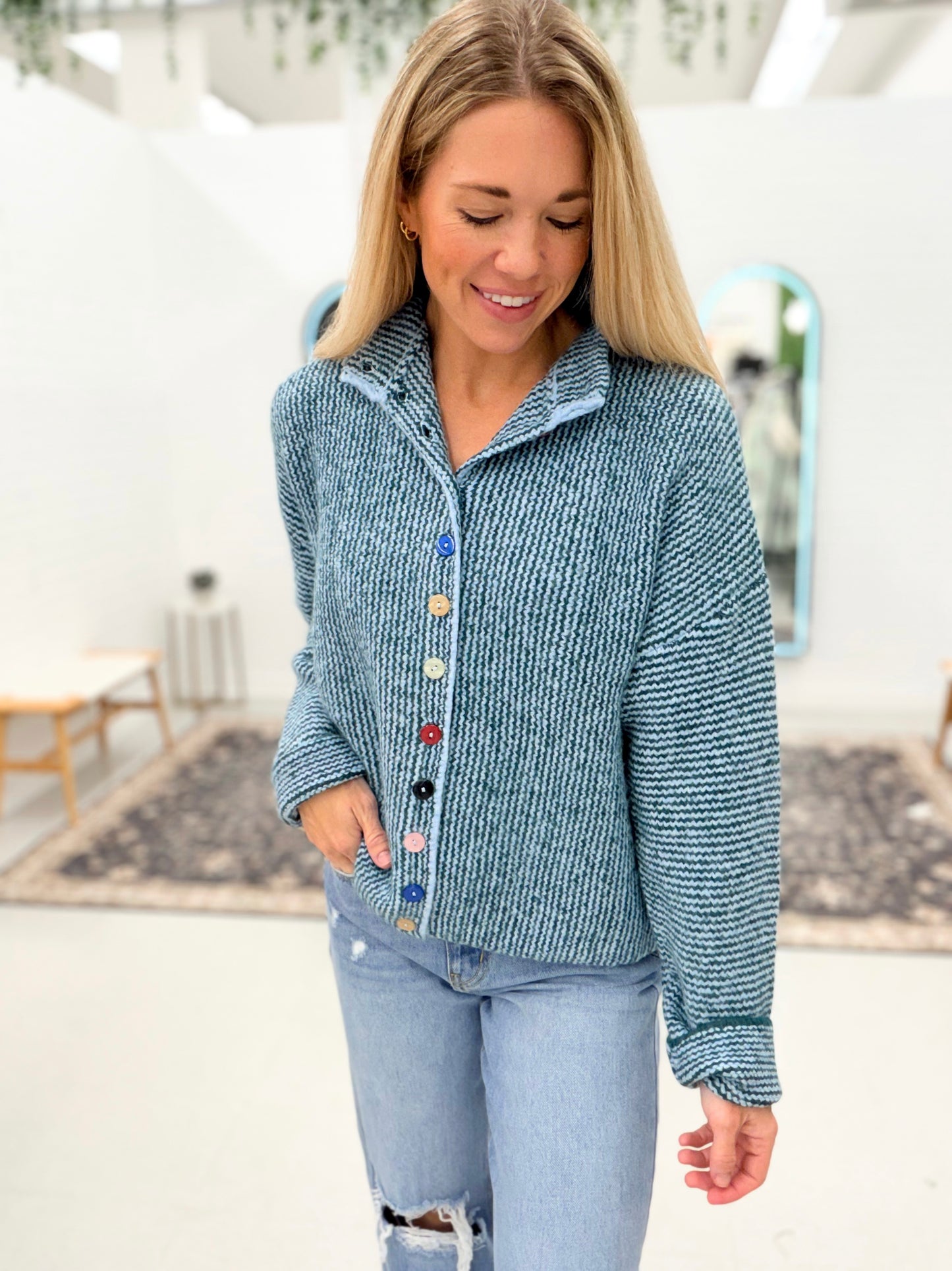 Like Her Blue Green Button Detail Sweater