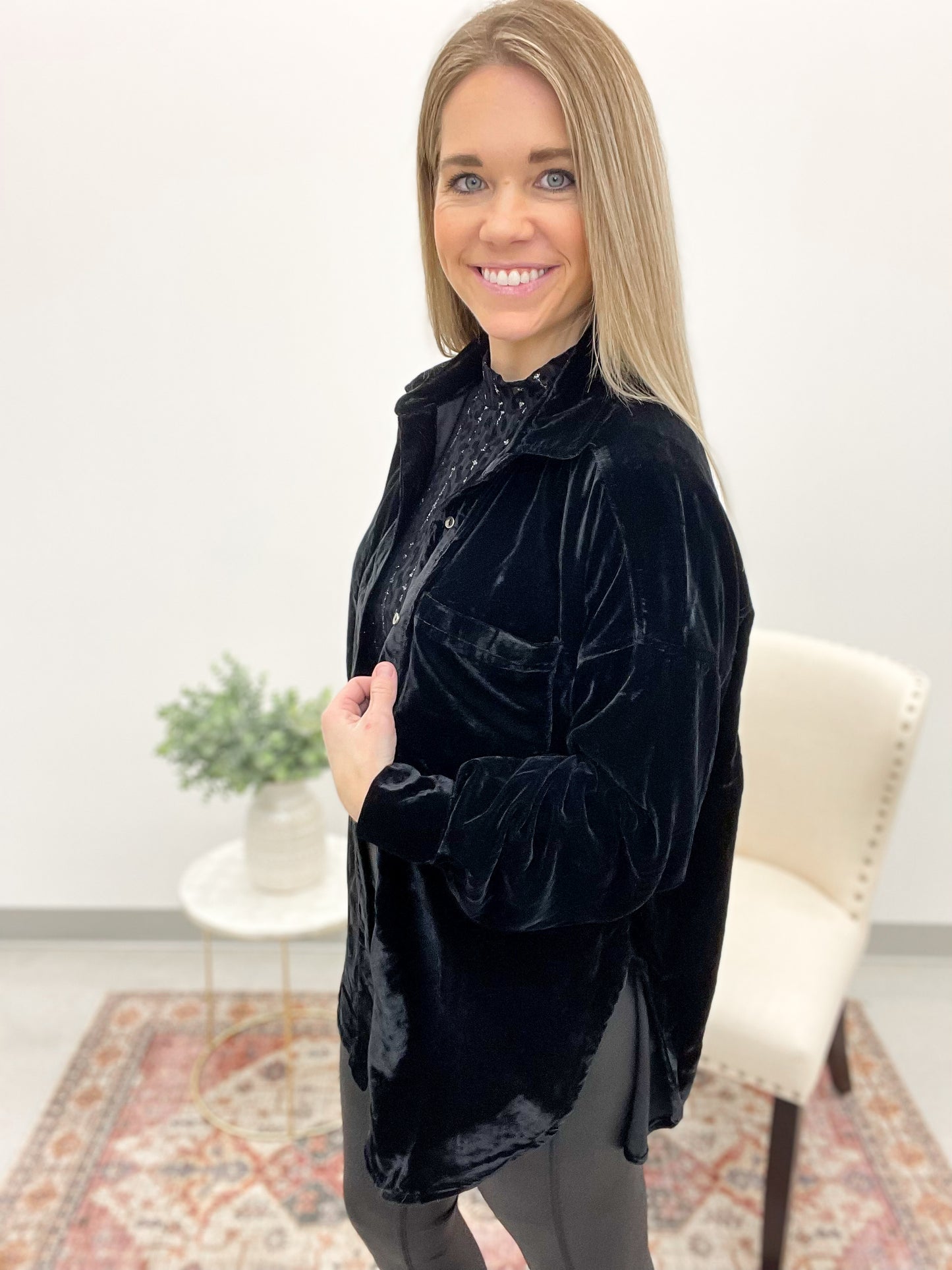 Night Out Velvet Button Down Top Black Small