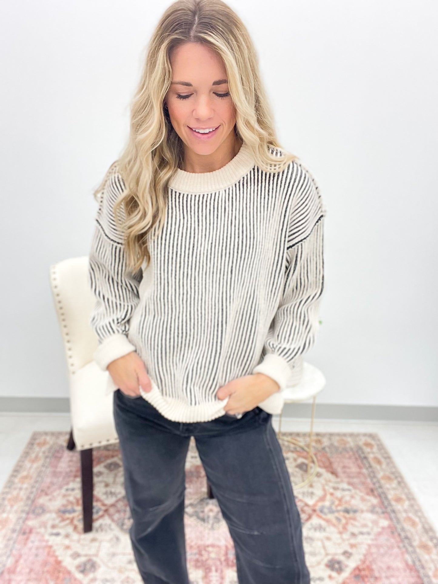 She Will Two-Tone Chenille Crewneck Sweater Black