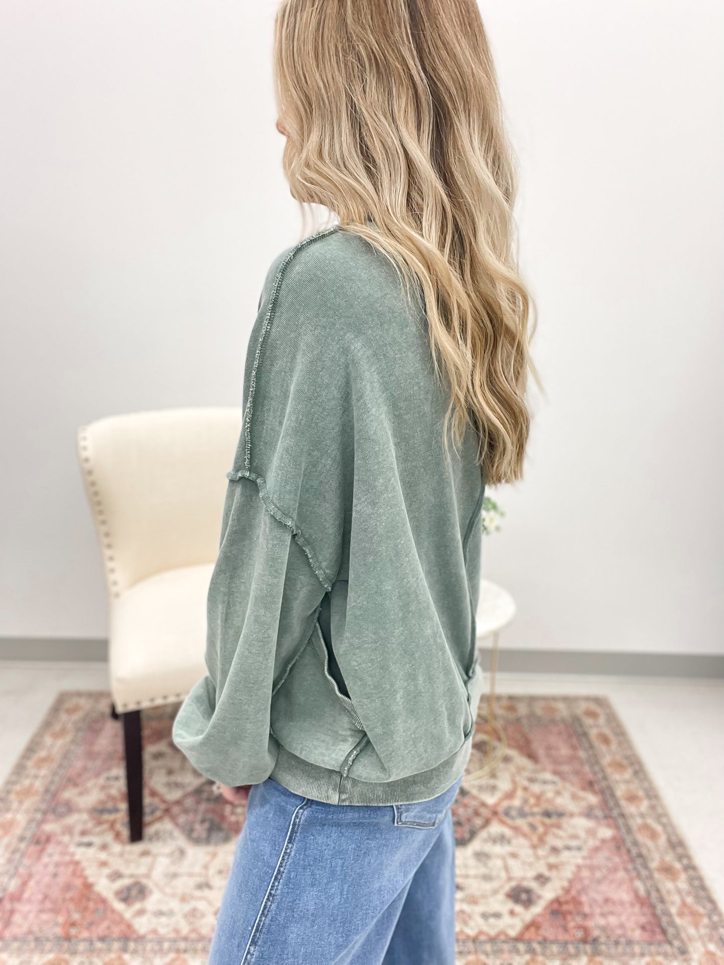 Never Distant Mineral Wash Pullover Juniper Green