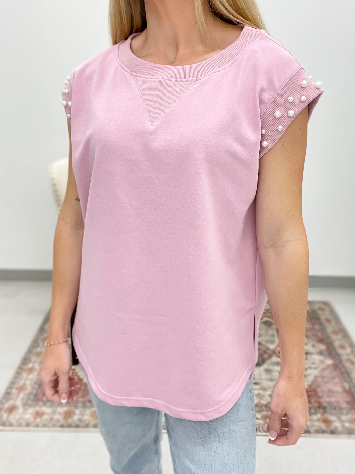 Encore Pearl Sleeve Detail Top Blush