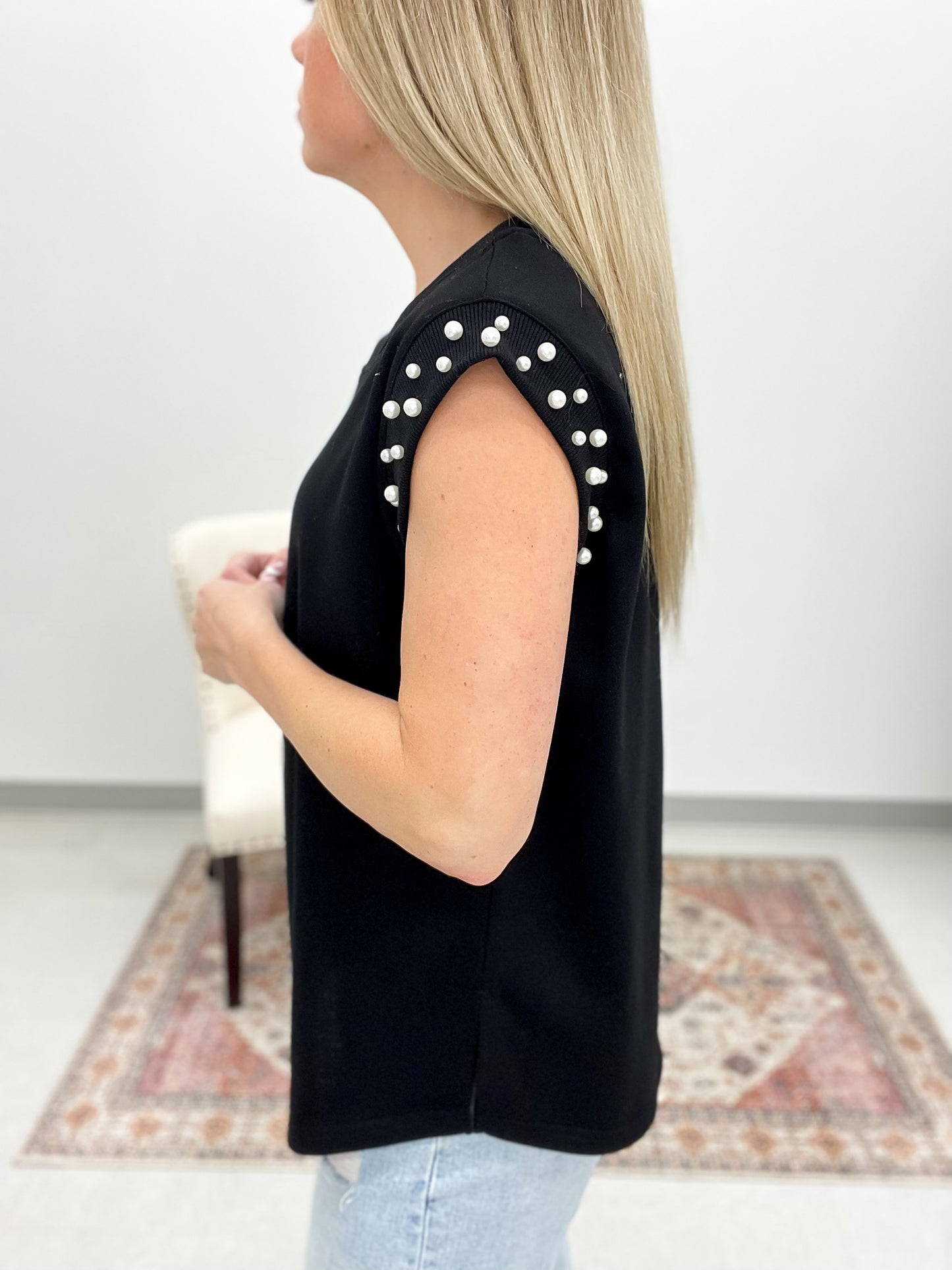 Encore Pearl Sleeve Detail Top Black