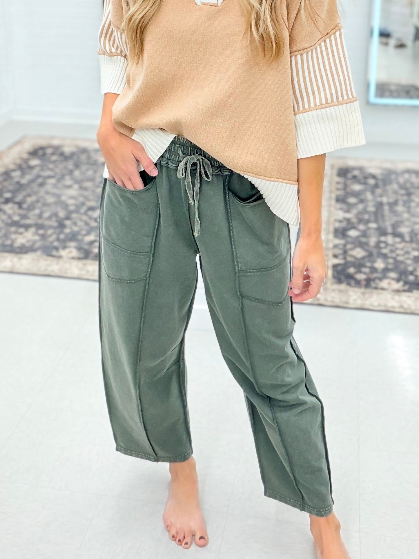 On Time Mineral Wash Terry Knit Barrel Pants Pine Green