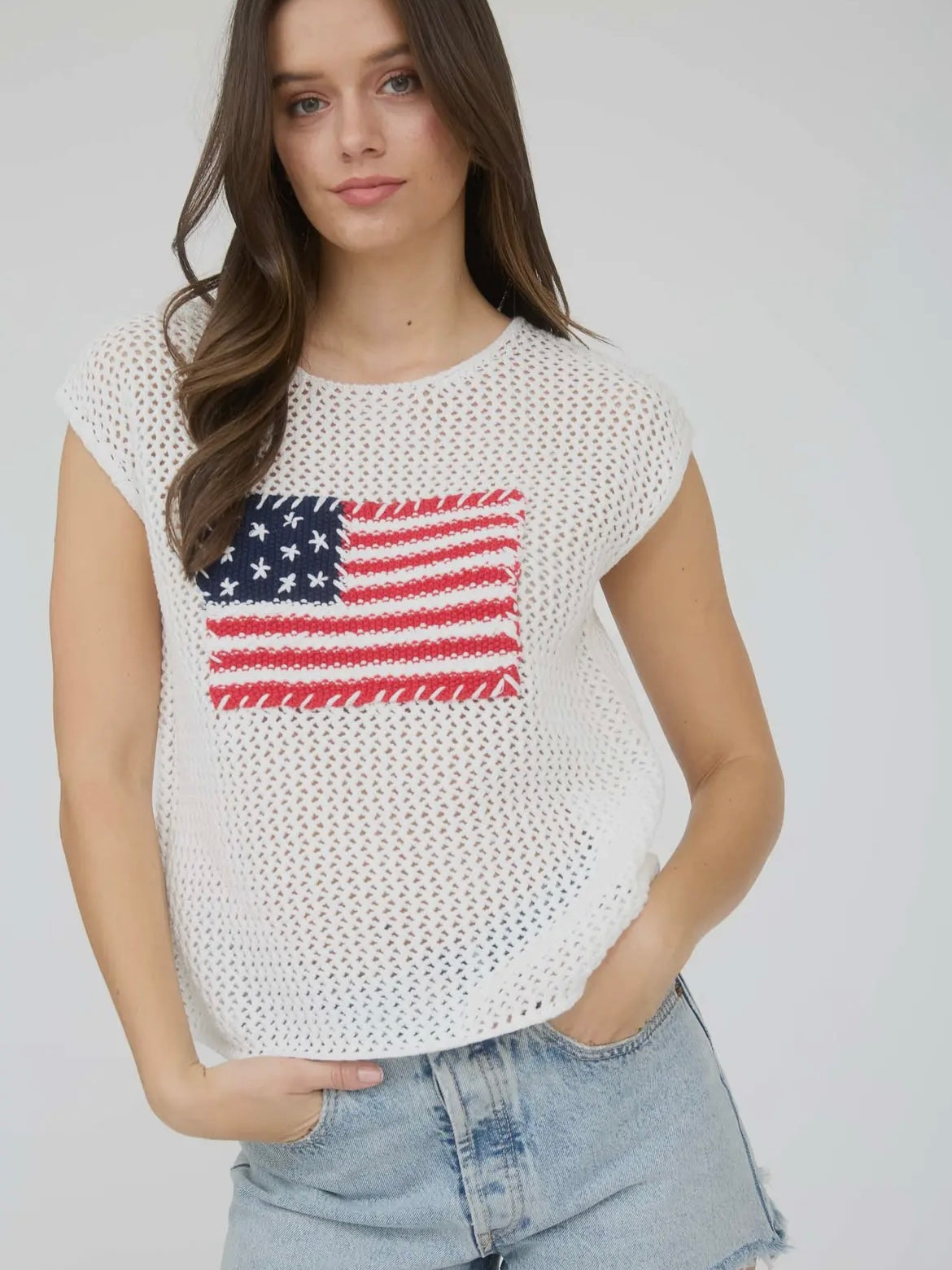 American Flag Crochet Knit Sweater Top Ivory Extended