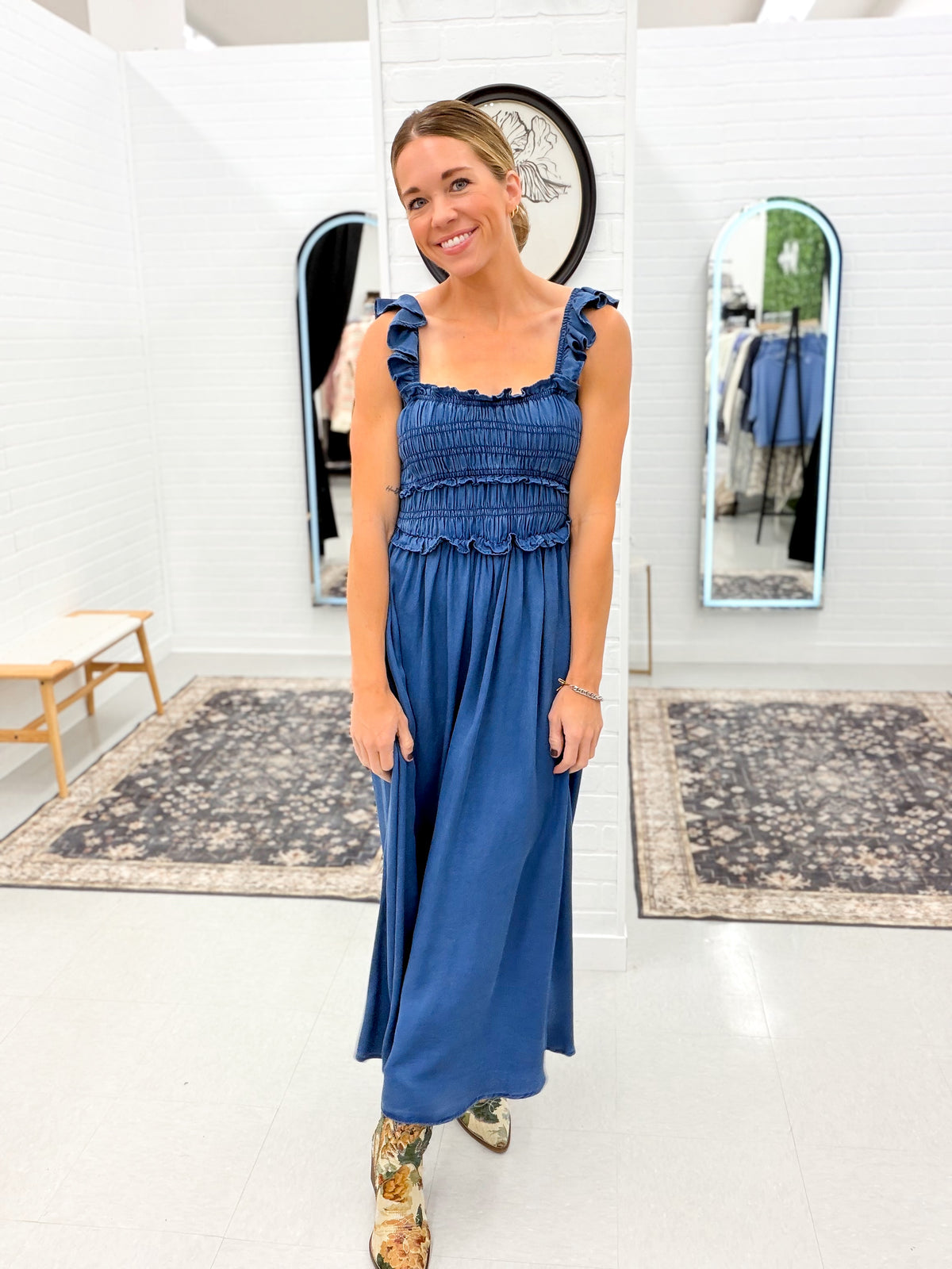 Classic Chic Smocked Ruffle Strap Denim Midi Dress