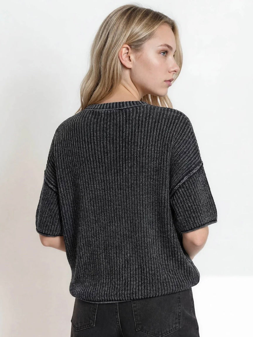 Here For You Washed Crew Short Sleeve Knit Sweater Black