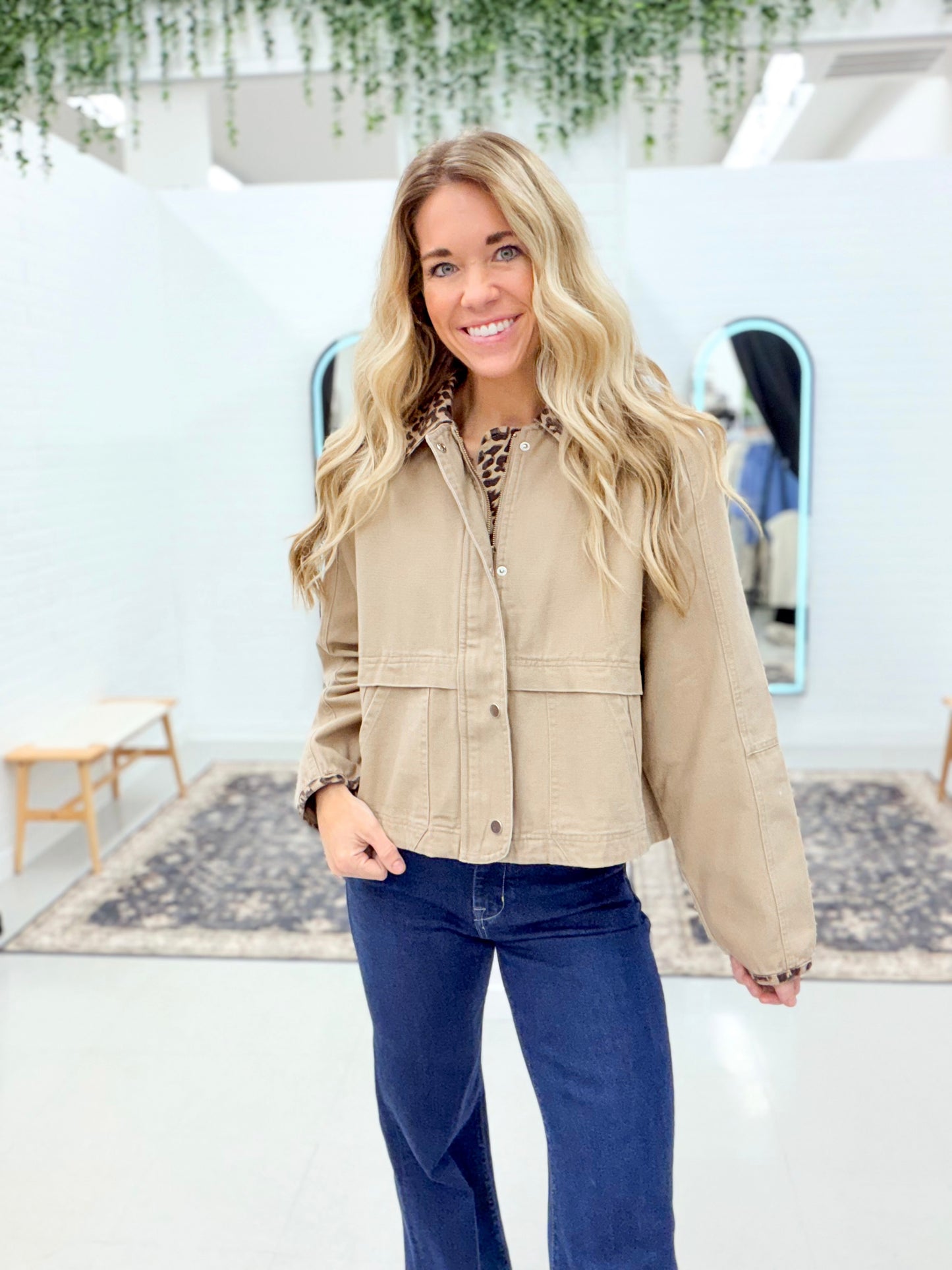Too Soon Oxford Canvas Leopard Collar Barn Jacket Taupe