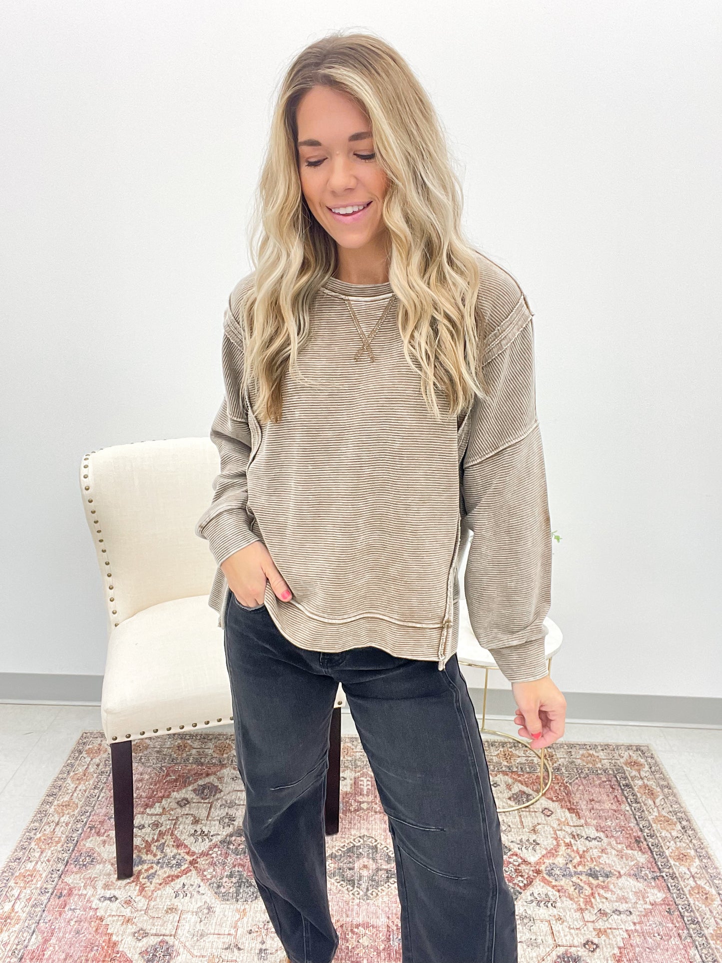 Carry On Washed Exposed Seam Detail Top Brown