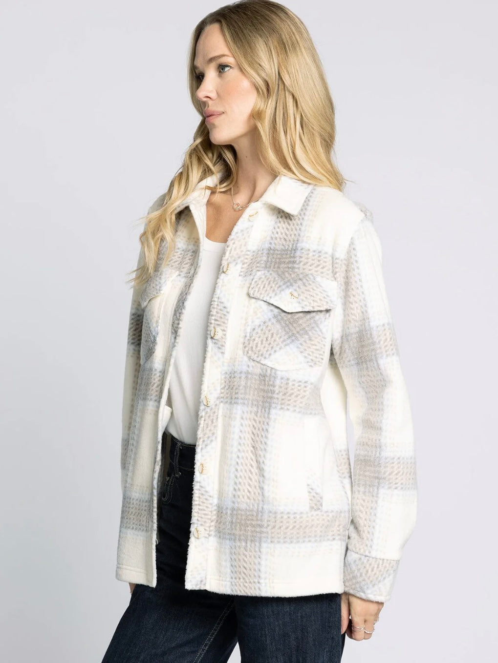 The Santa Fe Fleece Jacket Ivory Brown Plaid