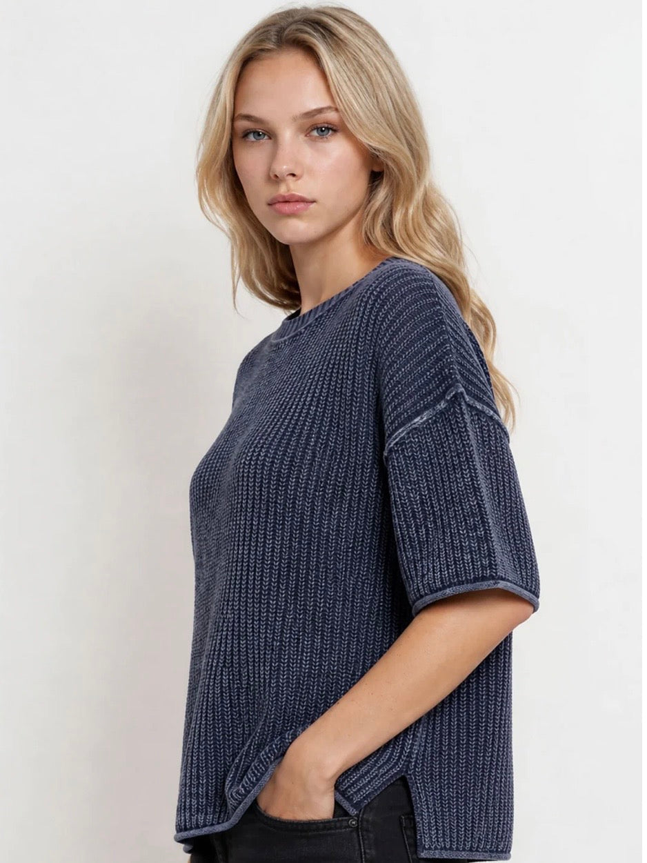 Here For You Washed Crew Short Sleeve Knit Sweater Navy