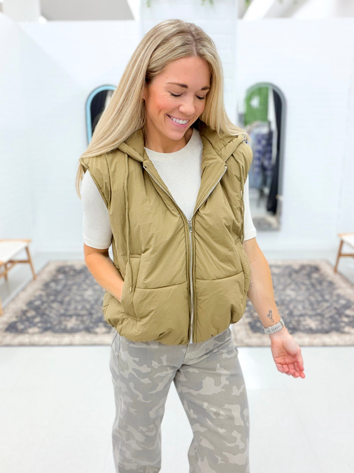 Get Moving Hooded Bubble Hem Puffer Vest Olive