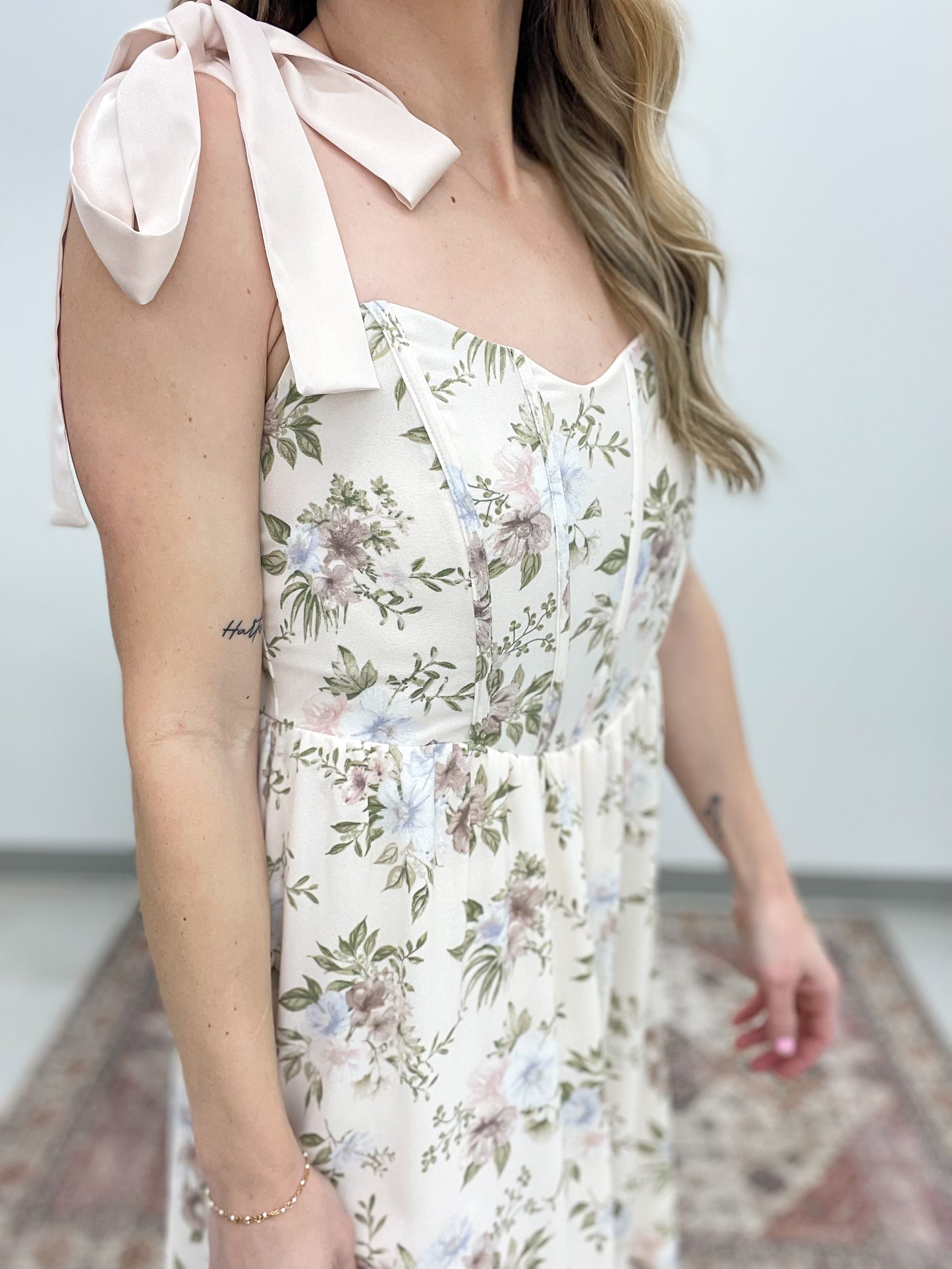 April Flowers Floral Corset Tie Strap Dress Blush