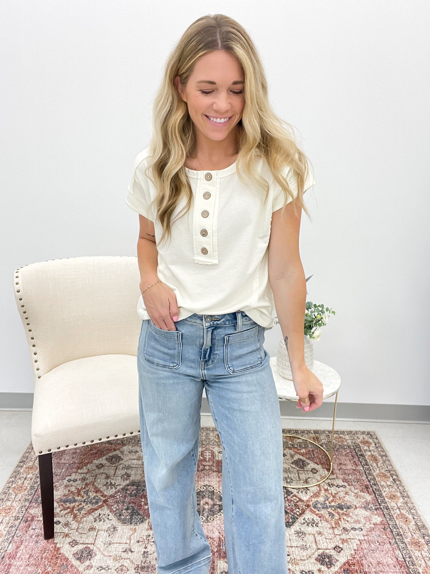 Stay True Washed Henley Top Ivory