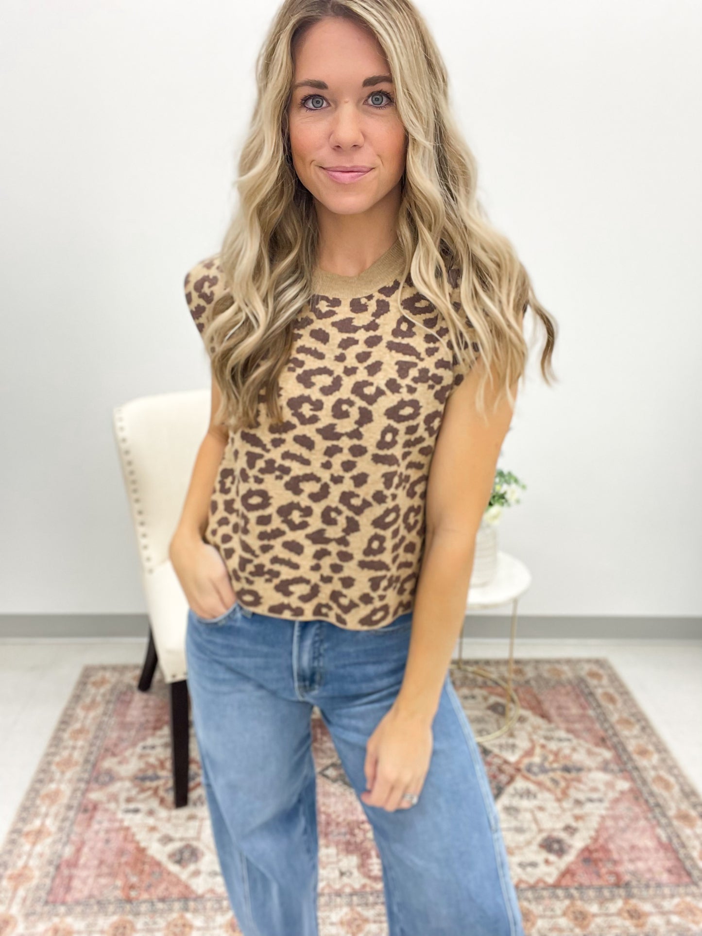 Perk Up Leopard Print Sleeveless Sweater