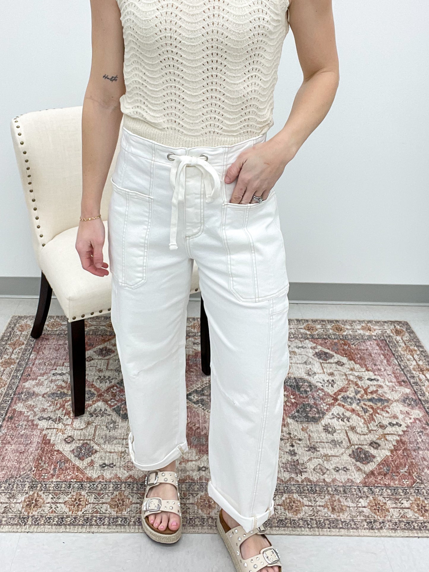 Risen High Rise Crop Barrel Jeans Off White