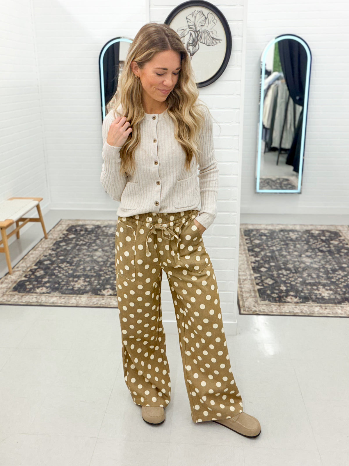 On Trend Wide Leg Polka Dot Pants Taupe