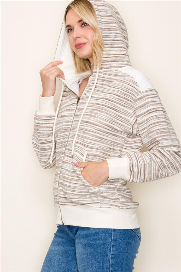 Could It Be Stripe Mix Hooded Zip Up Jacket Taupe