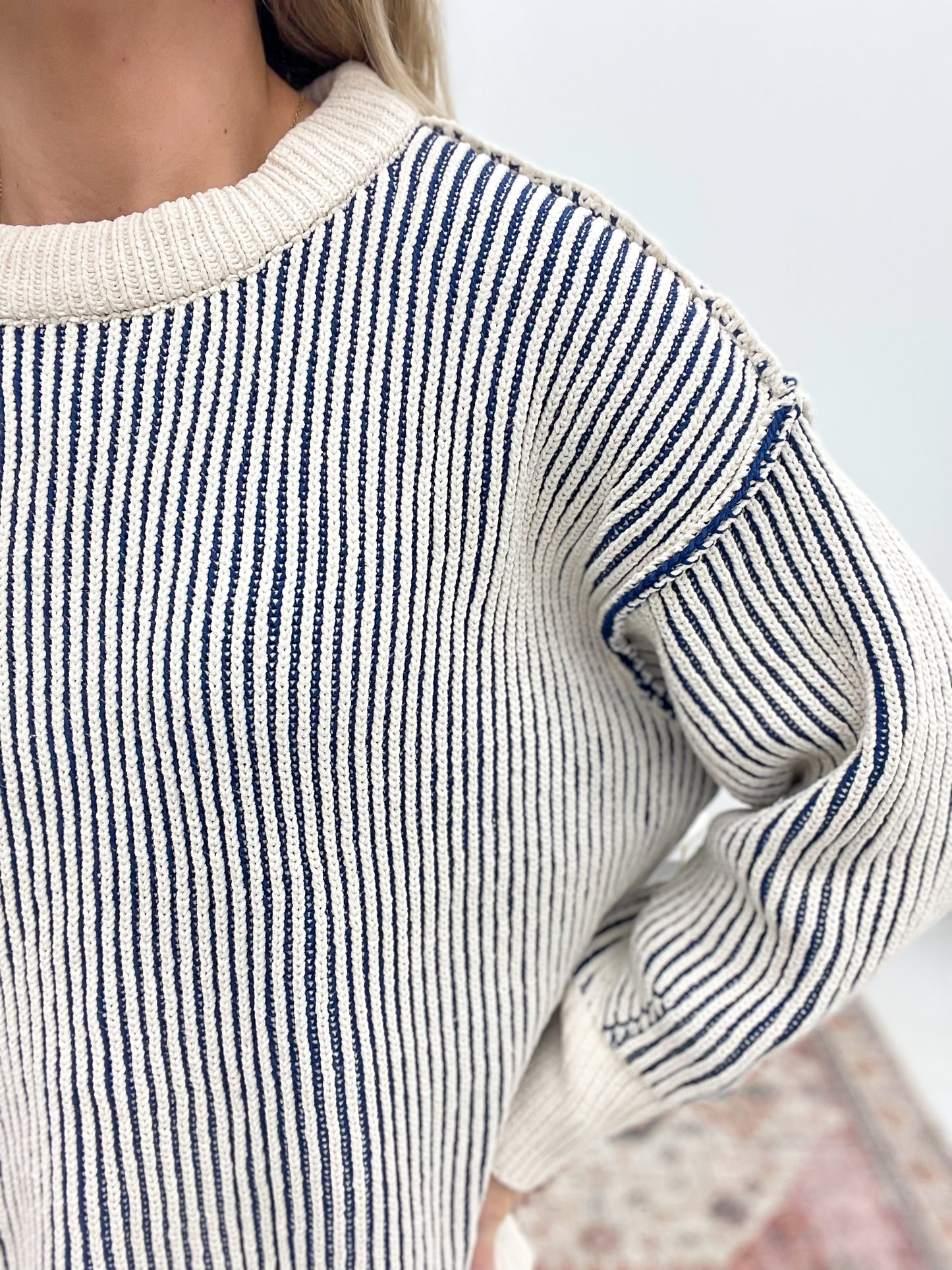 She Will Two-Tone Chenille Crewneck Sweater Navy