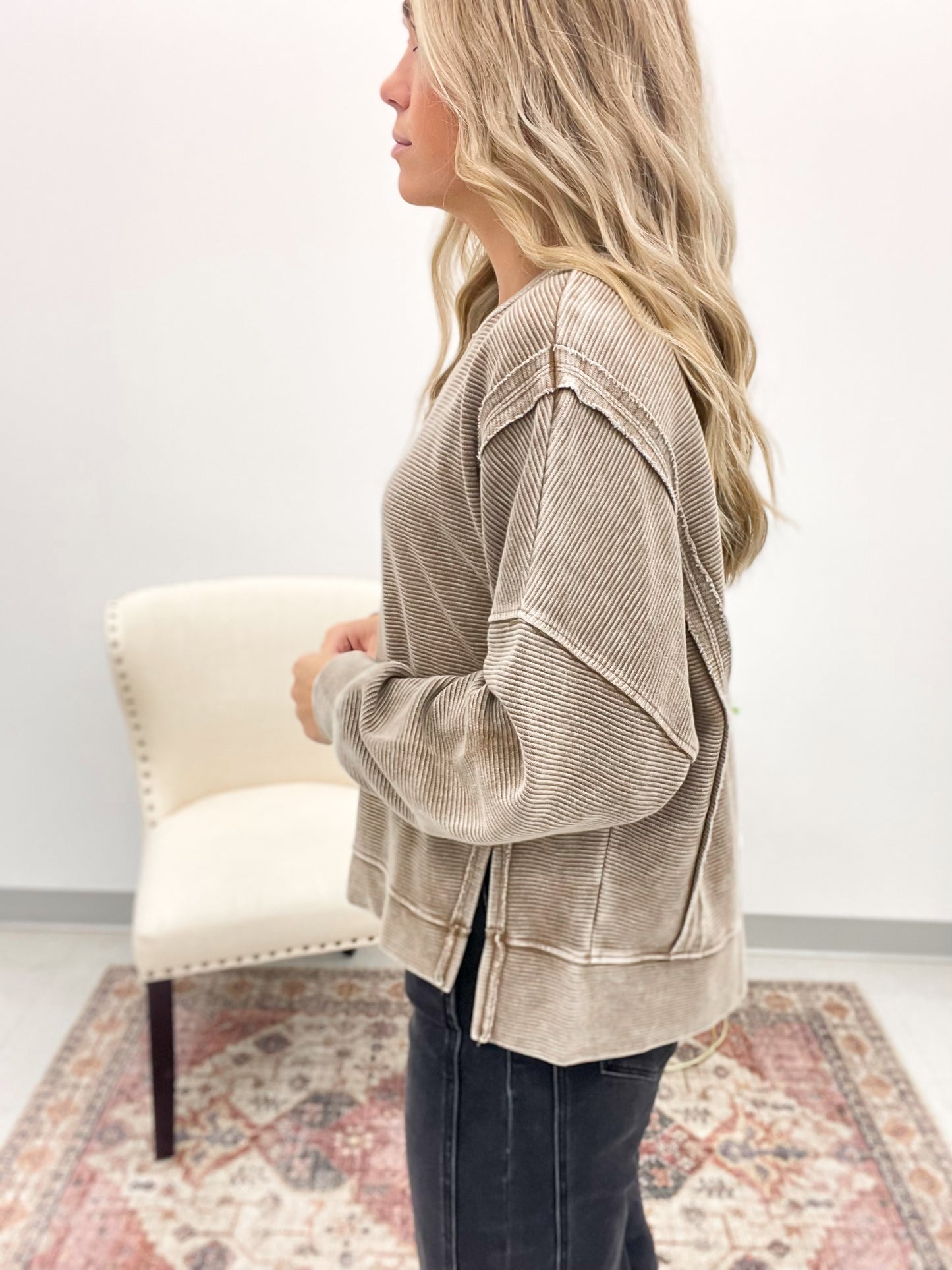 Carry On Washed Exposed Seam Detail Top Brown