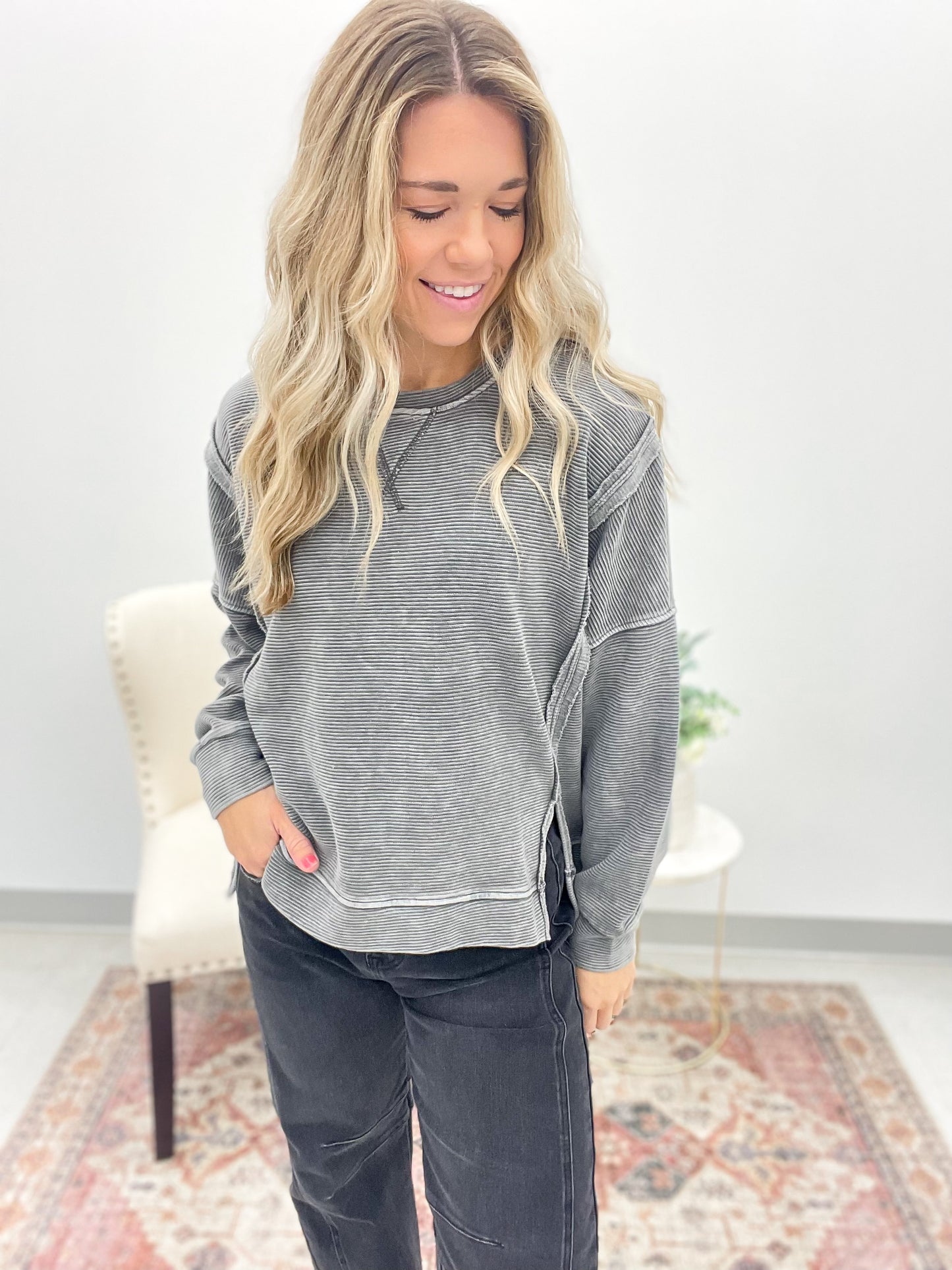 Carry On Washed Exposed Seam Detail Top Charcoal