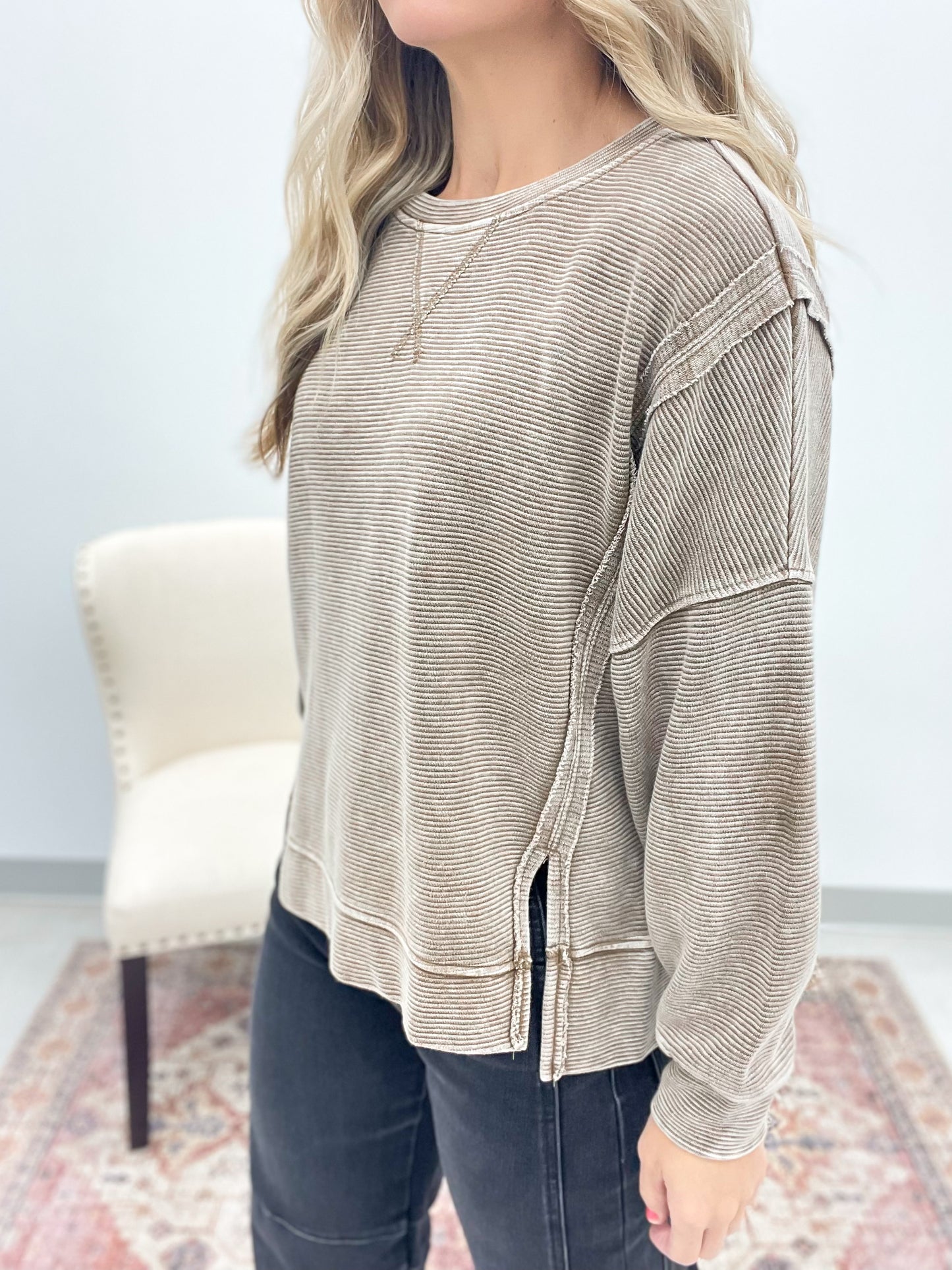 Carry On Washed Exposed Seam Detail Top Brown