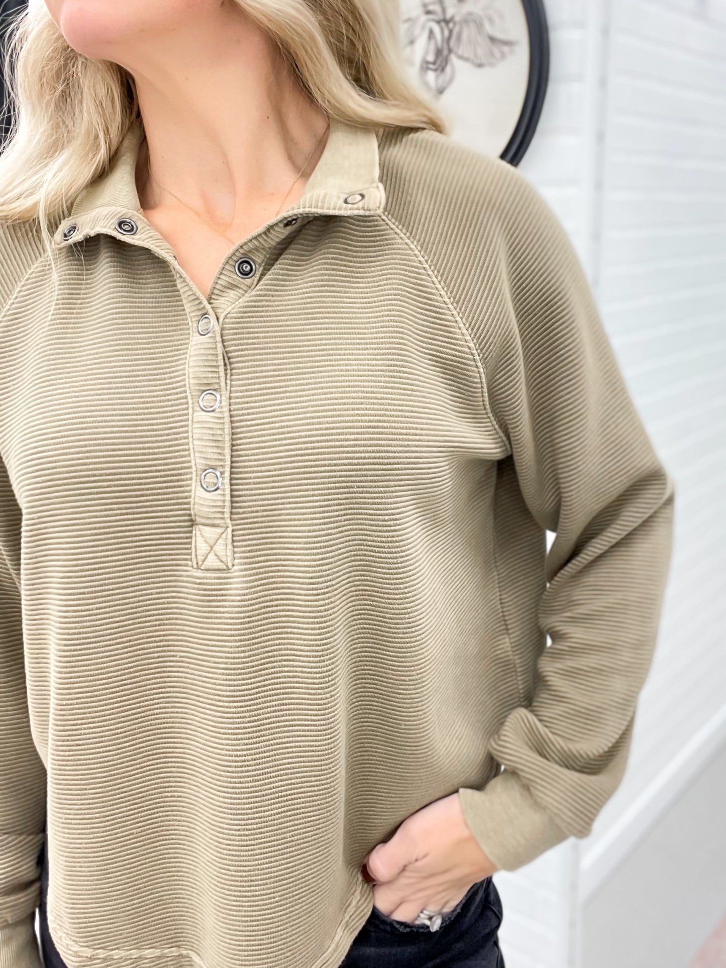 Lucky Us Half Snap Button Ribbed Long Sleeve Top Camel