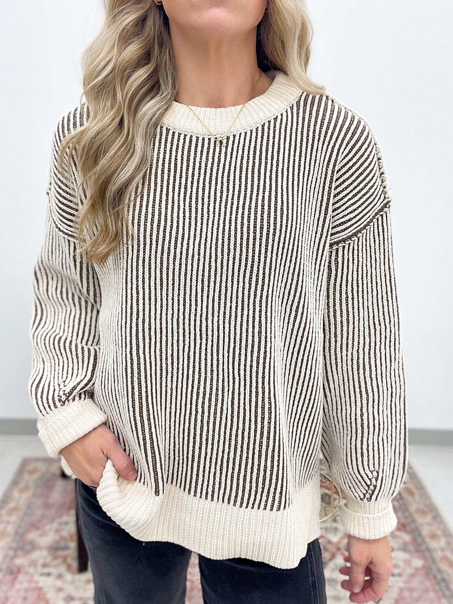 She Will Two-Tone Chenille Crewneck Sweater Brown