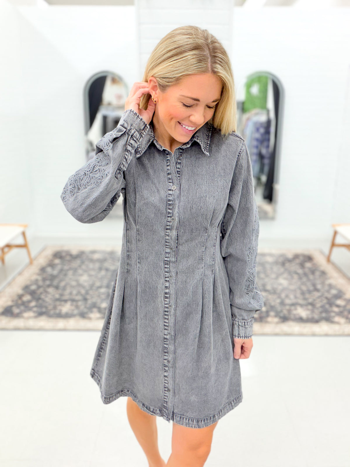 Out West Tencel Embroidered Button Shirt Dress Gray