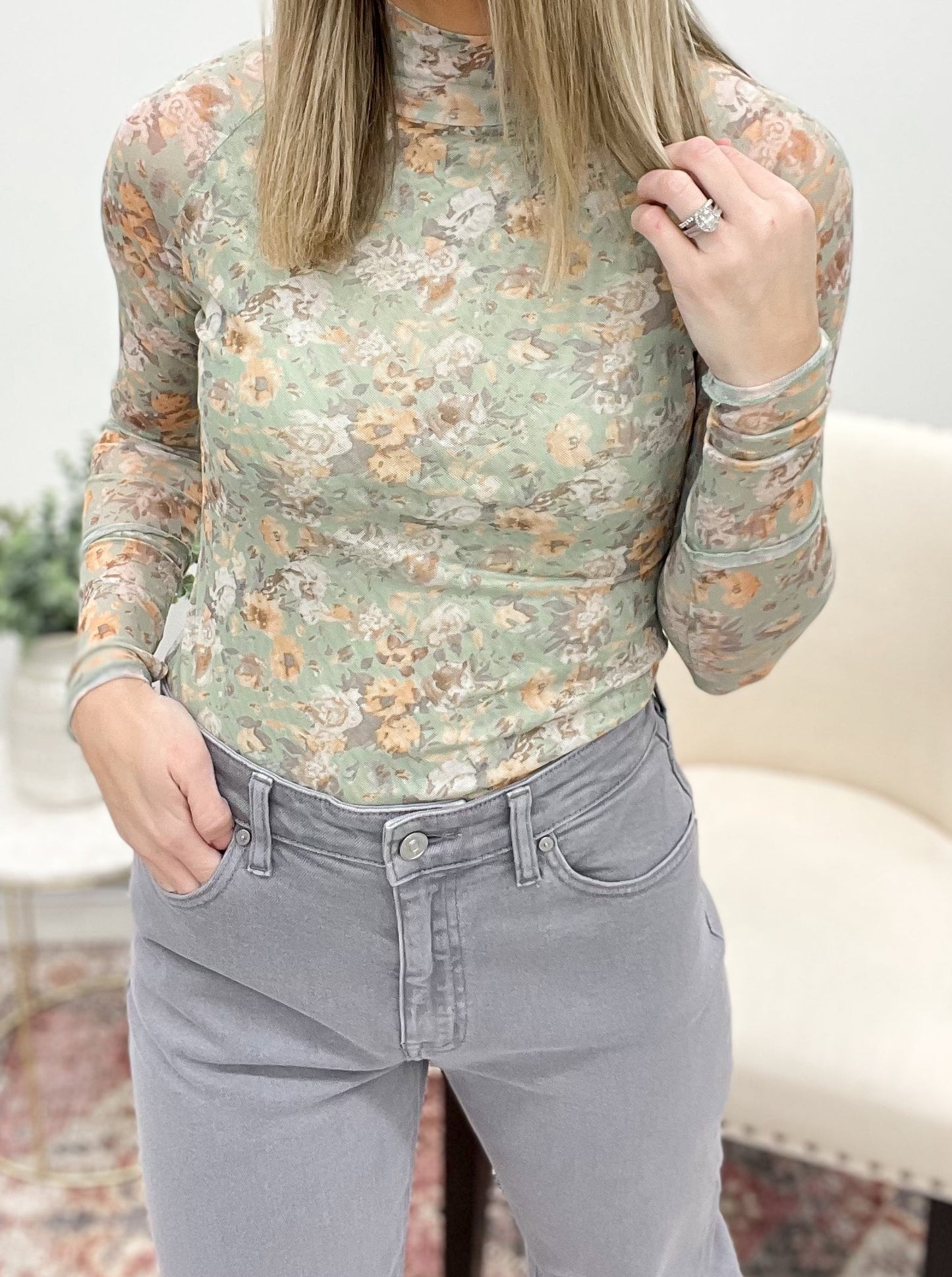The Iris Floral Mesh Top Mint Small