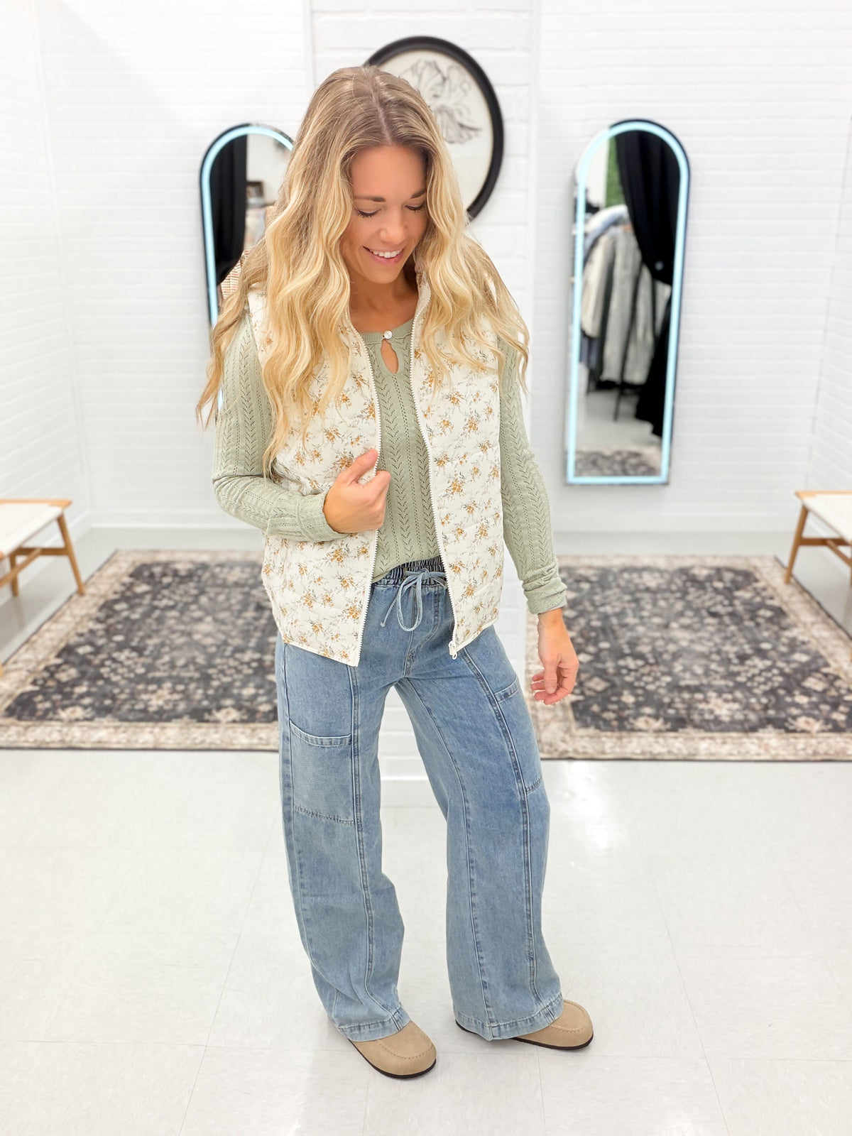 Full Bloom Floral Puffer Vest Ivory