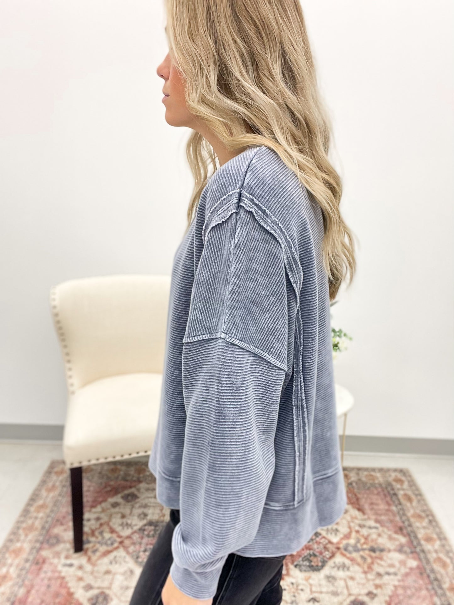 Carry On Washed Exposed Seam Detail Top Blue