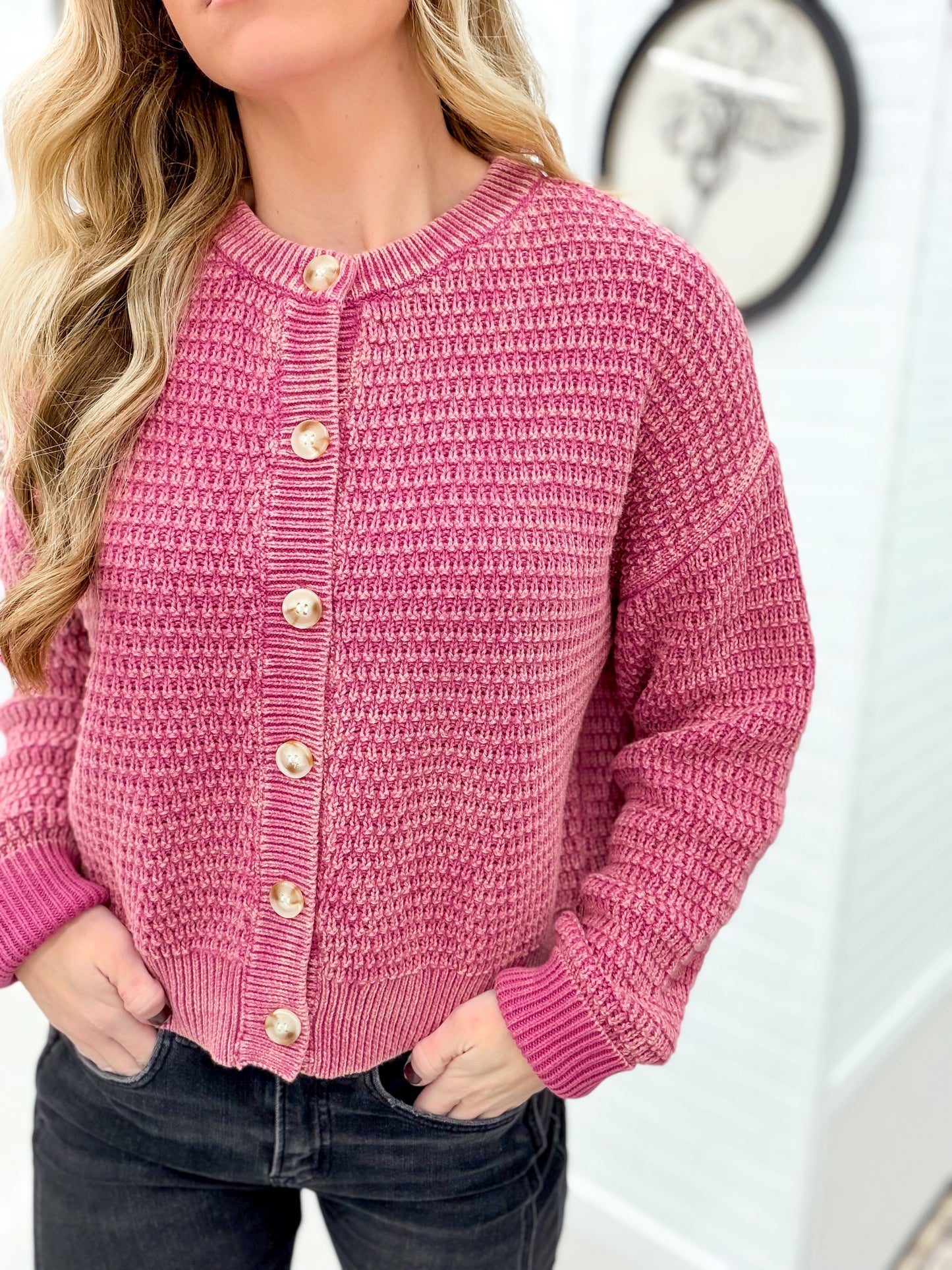 Looking Back Mineral Wash Cable Knit Button Cardigan Fuchsia Small, Large