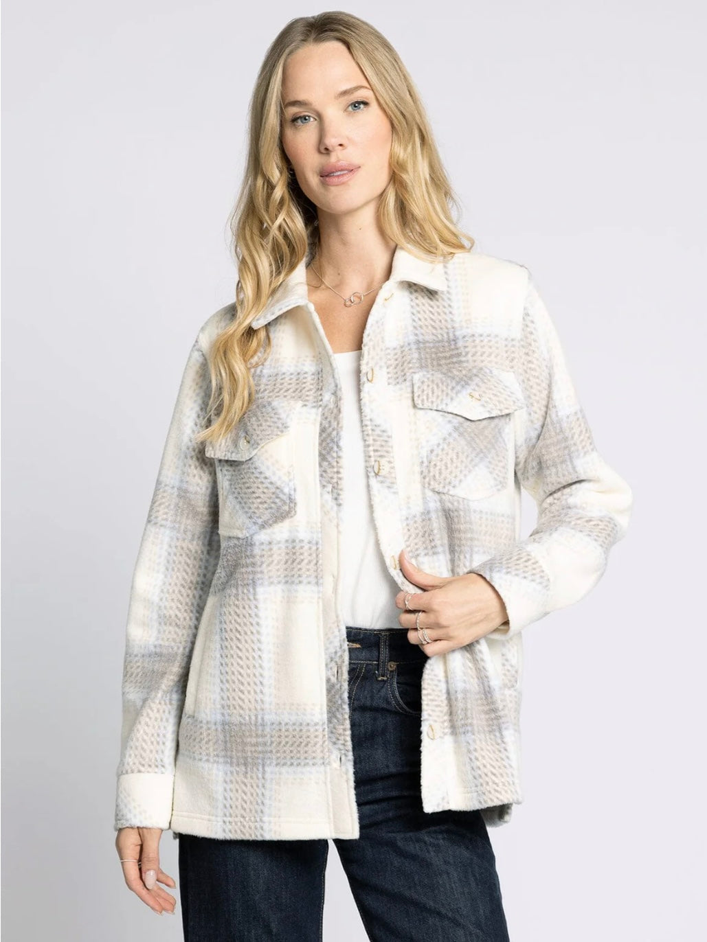 The Santa Fe Fleece Jacket Ivory Brown Plaid