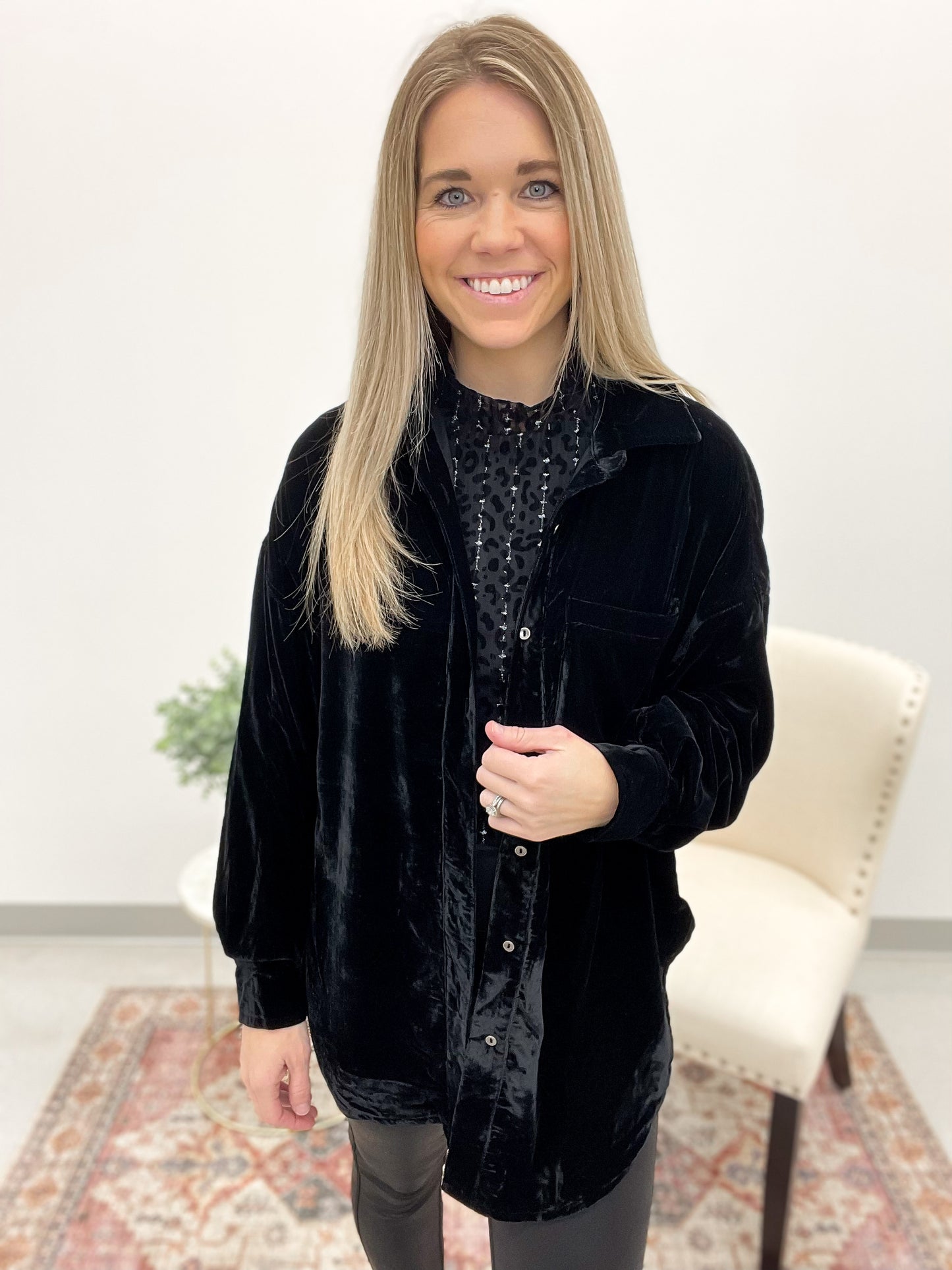 Night Out Velvet Button Down Top Black Small