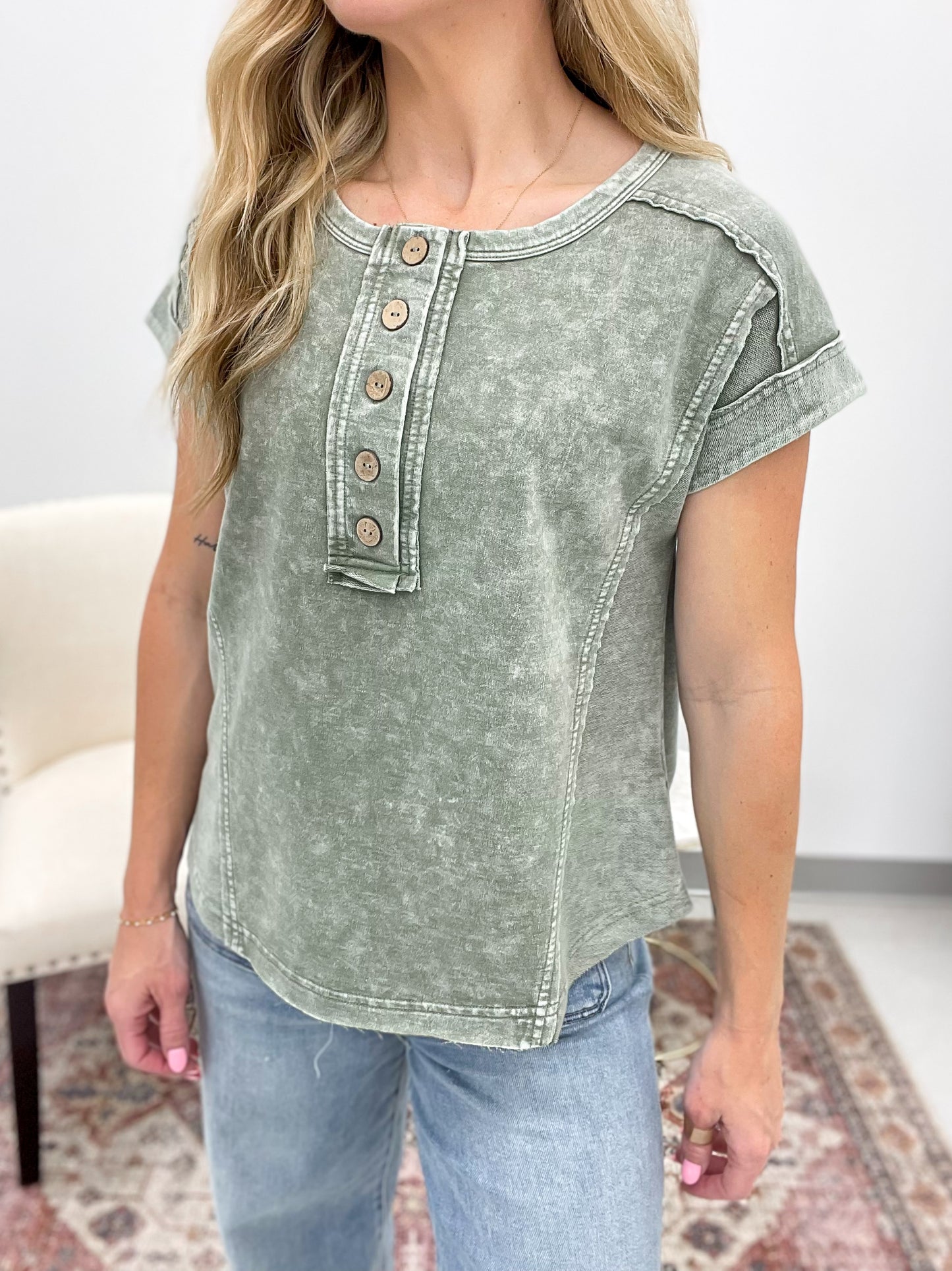 Stay True Washed Henley Top Olive