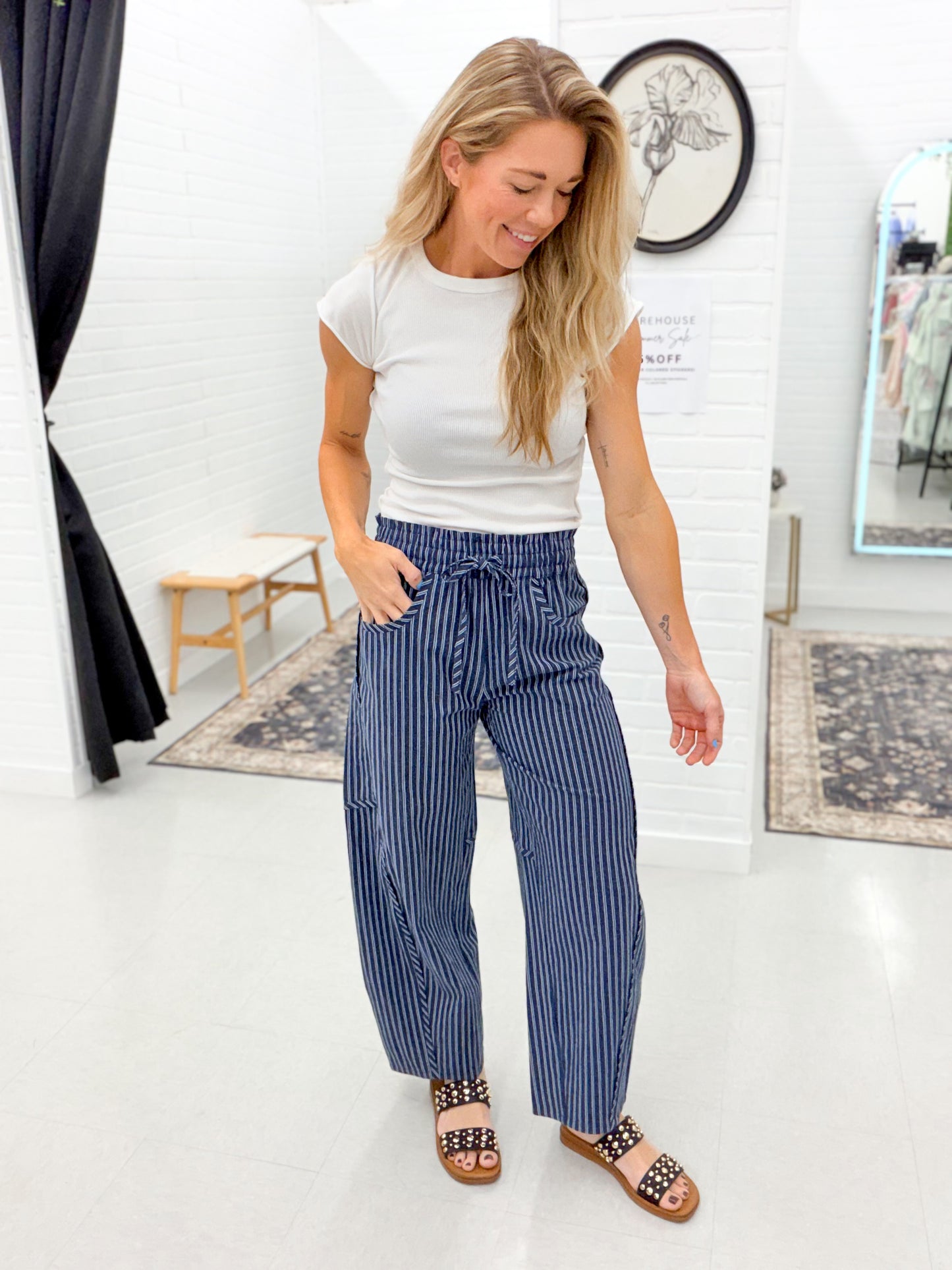 Sail Away Pinstripe Barrel Drawstring Pants Navy