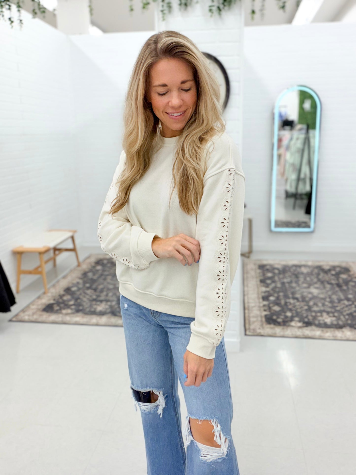 The Marietta Eyelet Sleeve Pullover Cream