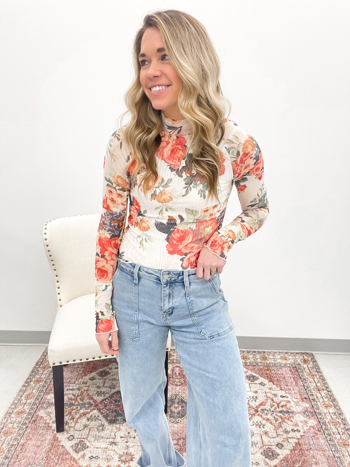 The Blair Floral Mesh Top Cream